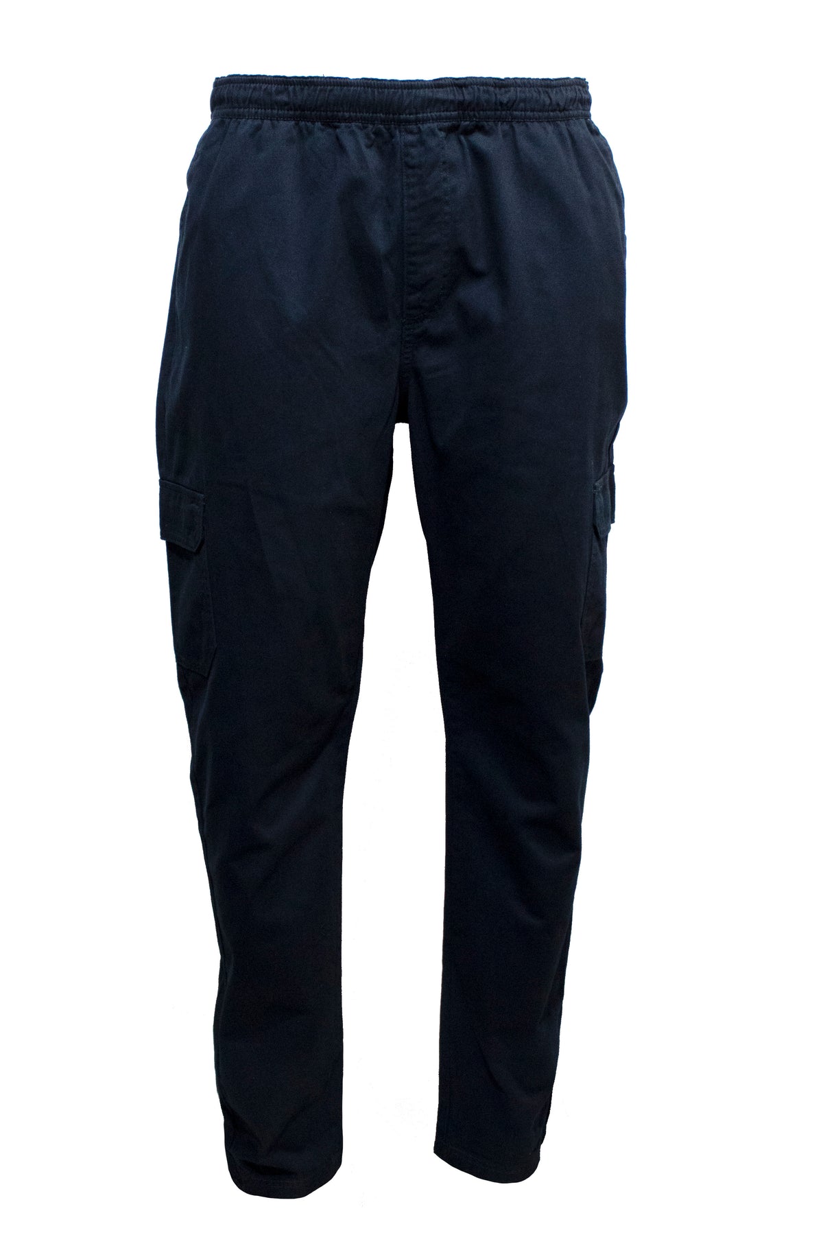 The Pilgrim Cargo Twill Beach Pant is a black pair of cargo pants with an elastic waistband. Resembling comfortable shorts, these pants feature multiple pockets, including side cargo pockets, and are displayed against a plain white background.