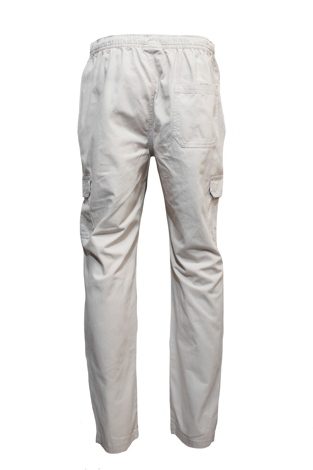 The Pilgrim Cargo Twill Beach Pant is crafted in white cotton with an elastic waistband, large side pockets, and a right-side back pocket.