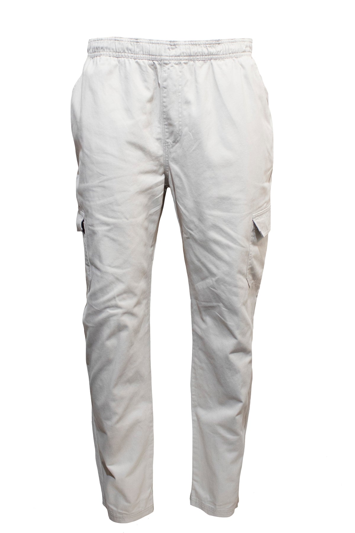 The Pilgrim Cargo Twill Beach Pant boasts a light beige color and features an elastic waistband, side pockets, and a straight-leg design. Additional pockets on each thigh add to its practical appeal. Made from lightweight fabric, these pants are ideal for anyone channeling their inner Pilgrim and stand out against a plain white background.