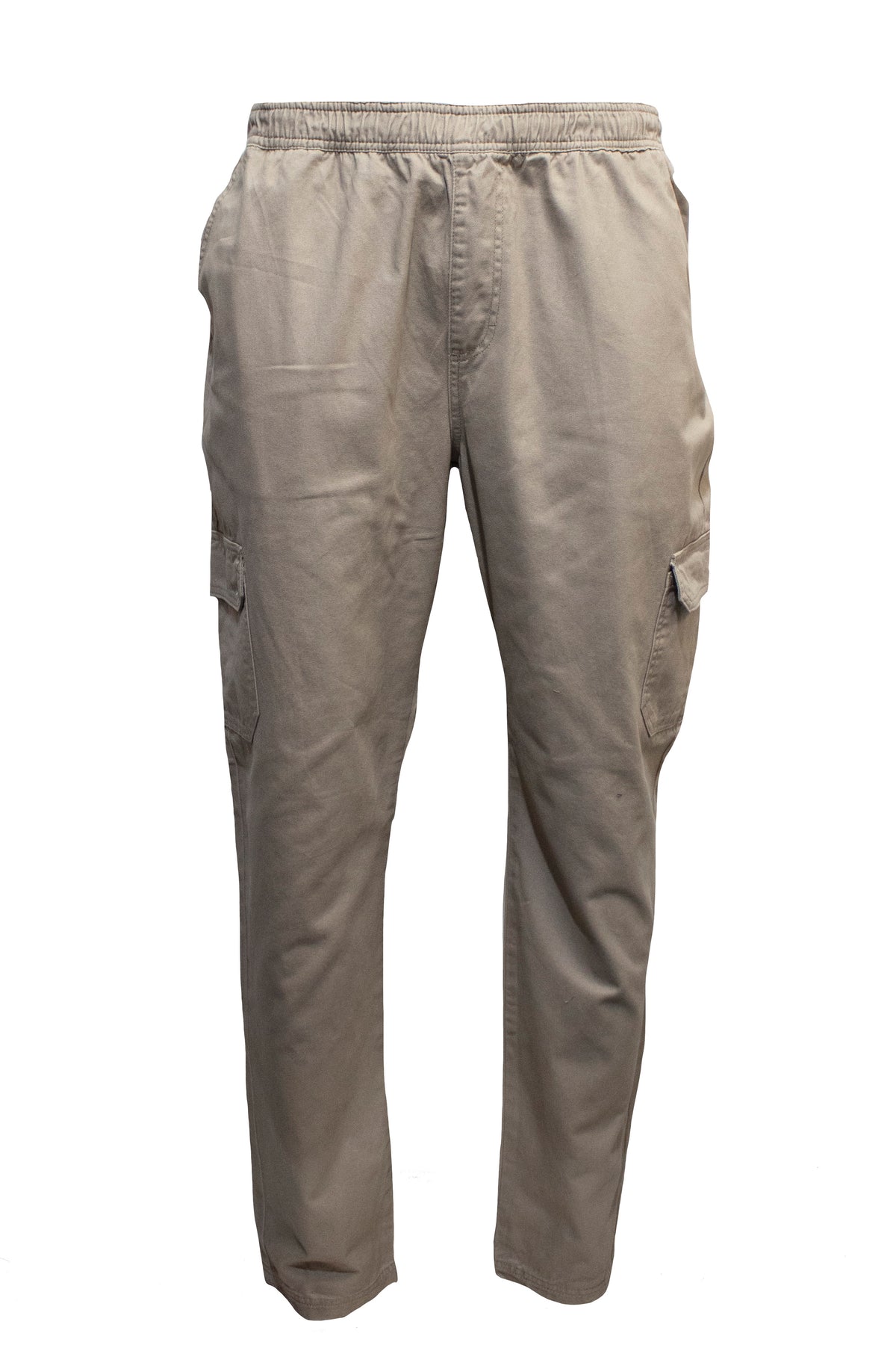 The Pilgrim Cargo Twill Beach Pant, made from a cotton blend with an elastic waistband, features multiple leg pockets and is displayed against a white background.