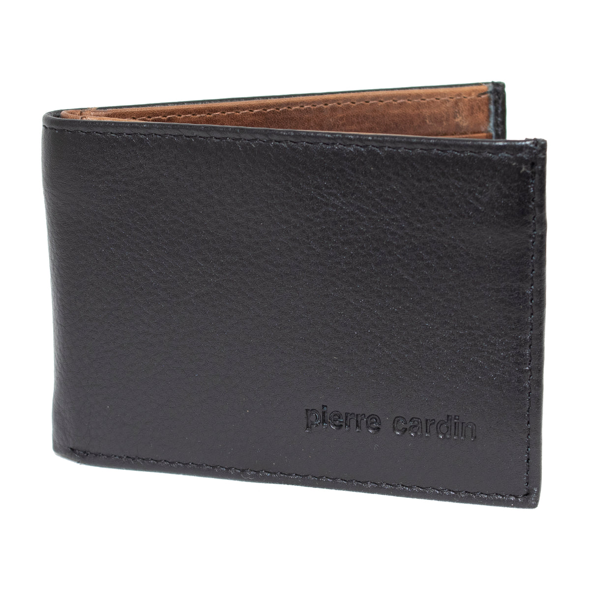 A black leather Pierre Cardin Wallet, embossed on the bottom right corner, is partially open to reveal its brown interior. Crafted from genuine Italian leather with a textured, slightly pebbled finish, it also boasts RFID protection for added security.