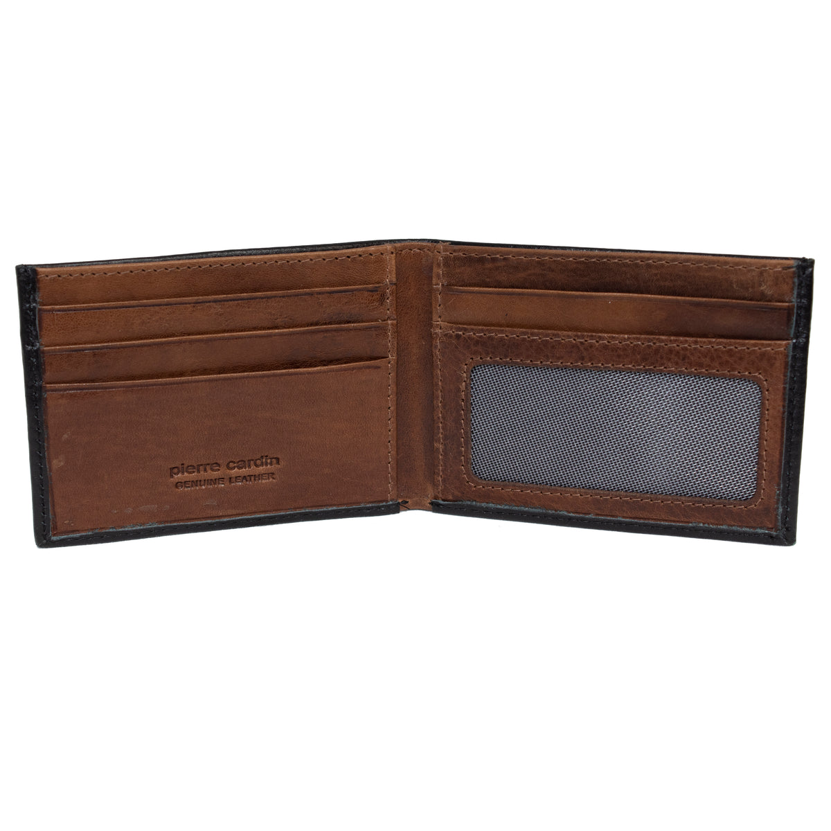 A stylish, open brown Pierre Cardin Wallet made of genuine Italian leather features multiple card slots on the left side, including an embossed section with "Pierre Cardin." On the right side, you'll find a clear ID window and extra card slots. This well-organized design also includes RFID protection for added security.