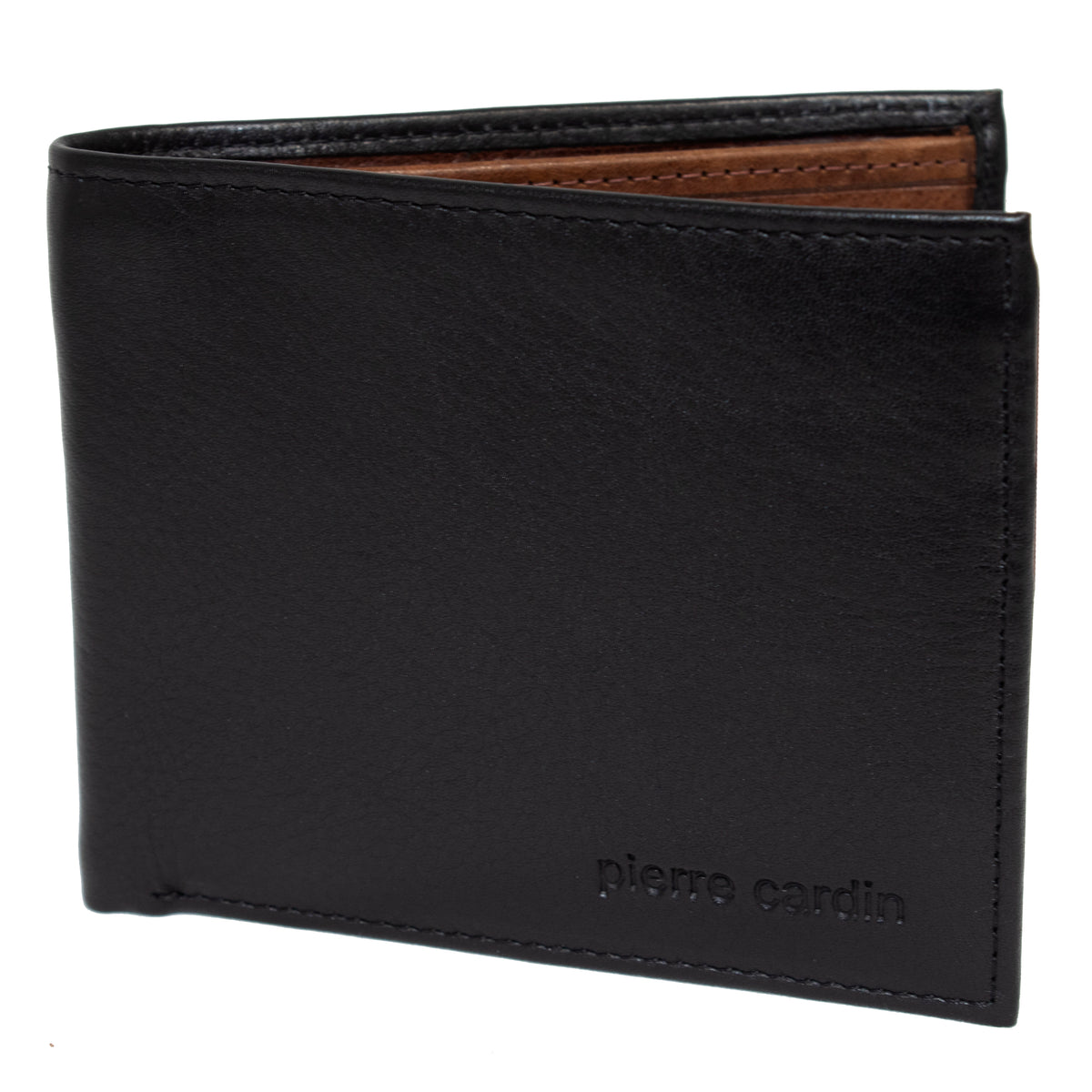 A Pierre Cardin Wallet in black leather for men, featuring "pierre cardin" imprinted in the bottom right corner. The wallet is slightly open, showcasing a brown interior with multiple card slots. Its minimalistic design highlights the smooth texture of the genuine leather.