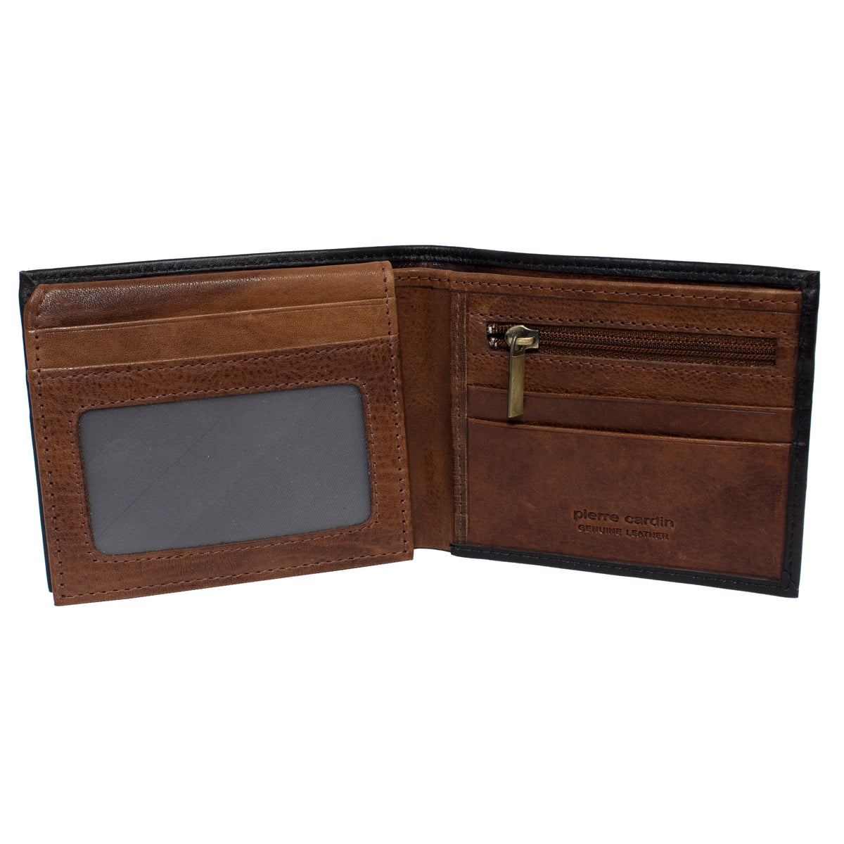 An authentic Pierre Cardin Wallet is open, revealing numerous card slots, a clear ID window, and a zippered coin pocket. The interior boasts compartments for cash and cards, with the brand name "Pierre Cardin" embossed on the right side.