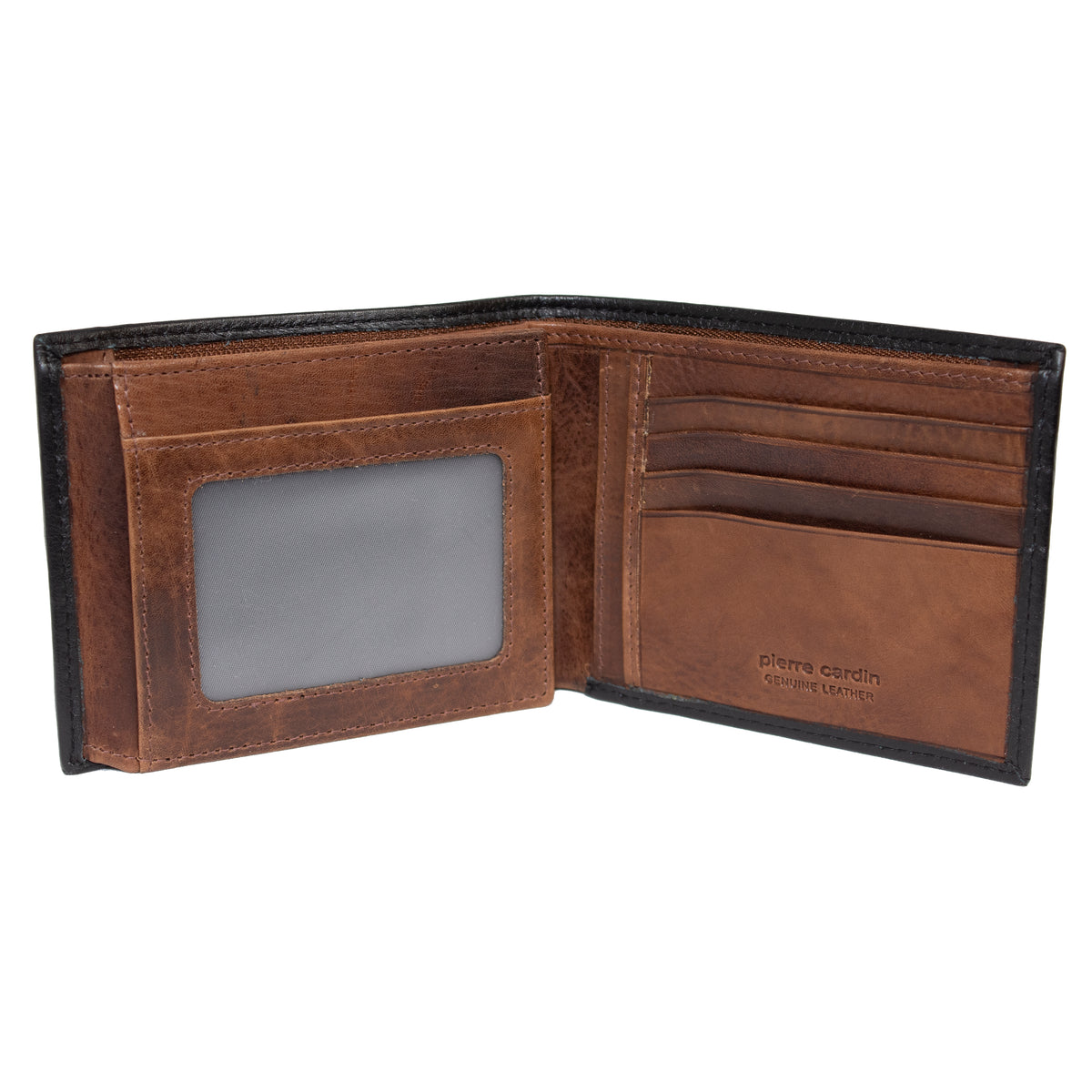 A genuine leather brown bifold Pierre Cardin men's wallet featuring multiple card slots on the right side, a clear ID window, and additional compartments on the left side. The name "Pierre Cardin" is embossed on one of the card slots.