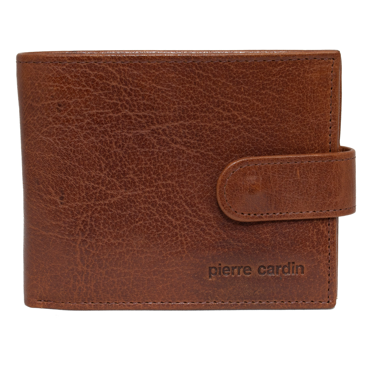 The Pierre Cardin Wallet is a brown leather wallet with a snap closure, embossed with the name "Pierre Cardin" in the bottom right corner. Made from genuine Italian leather, this high-quality wallet features a textured surface and offers RFID protection for added security.