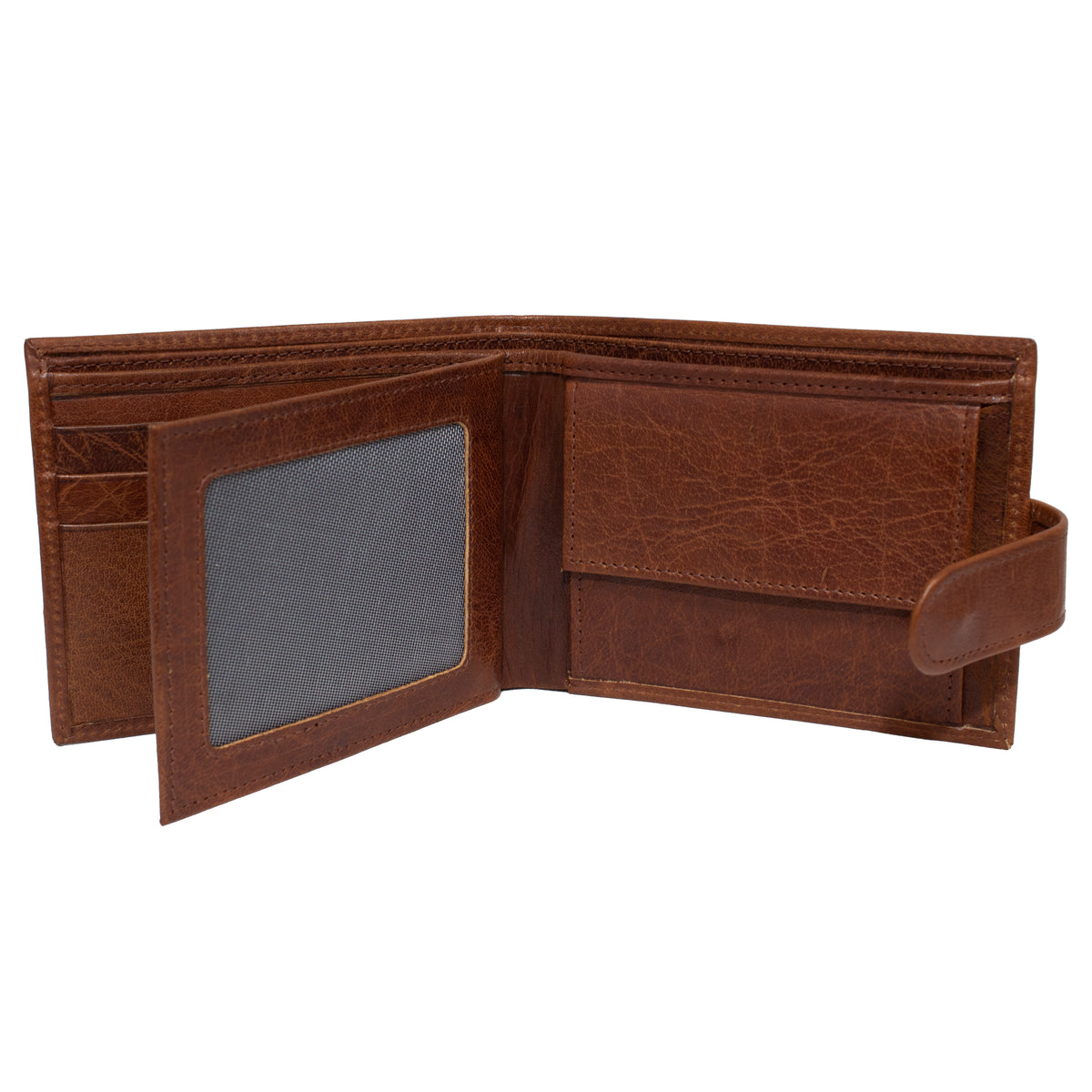 The Pierre Cardin Wallet, crafted from genuine Italian leather with a slightly weathered appearance suggesting frequent use, is open to reveal multiple compartments including a transparent ID slot and several card slots. This brown leather wallet also features RFID protection to safeguard your information.