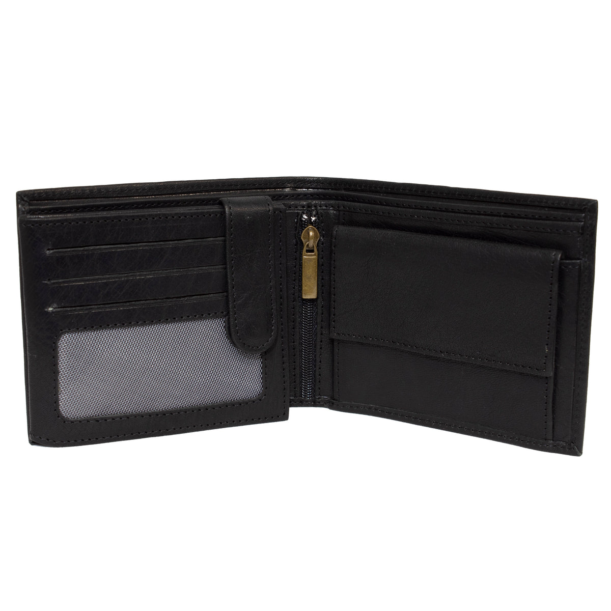 The Pierre Cardin Wallet, crafted from genuine Italian leather, is open to display sections for cards, a clear ID slot with grey fabric accents, a zippered coin pocket, and a section for cash. The interior is predominantly black and features RFID protection. The wallet appears to be in new condition.