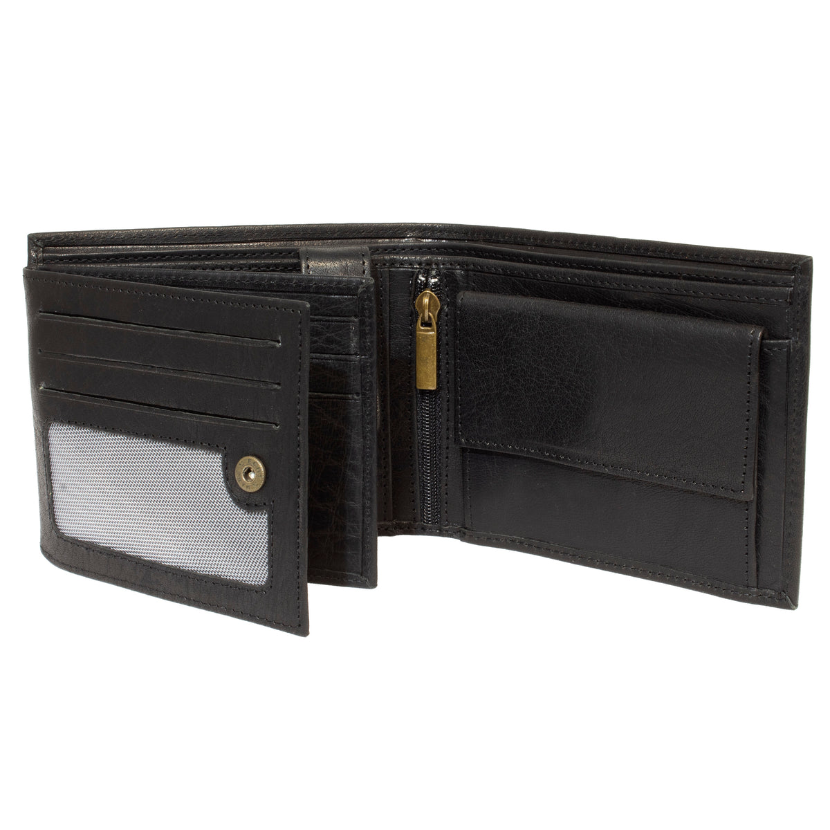 The Pierre Cardin Wallet, made from genuine Italian leather in black, is open to show its multiple card slots, an ID window with a snap button closure, and a zippered coin pocket. This wallet features RFID protection and includes a section for banknotes.