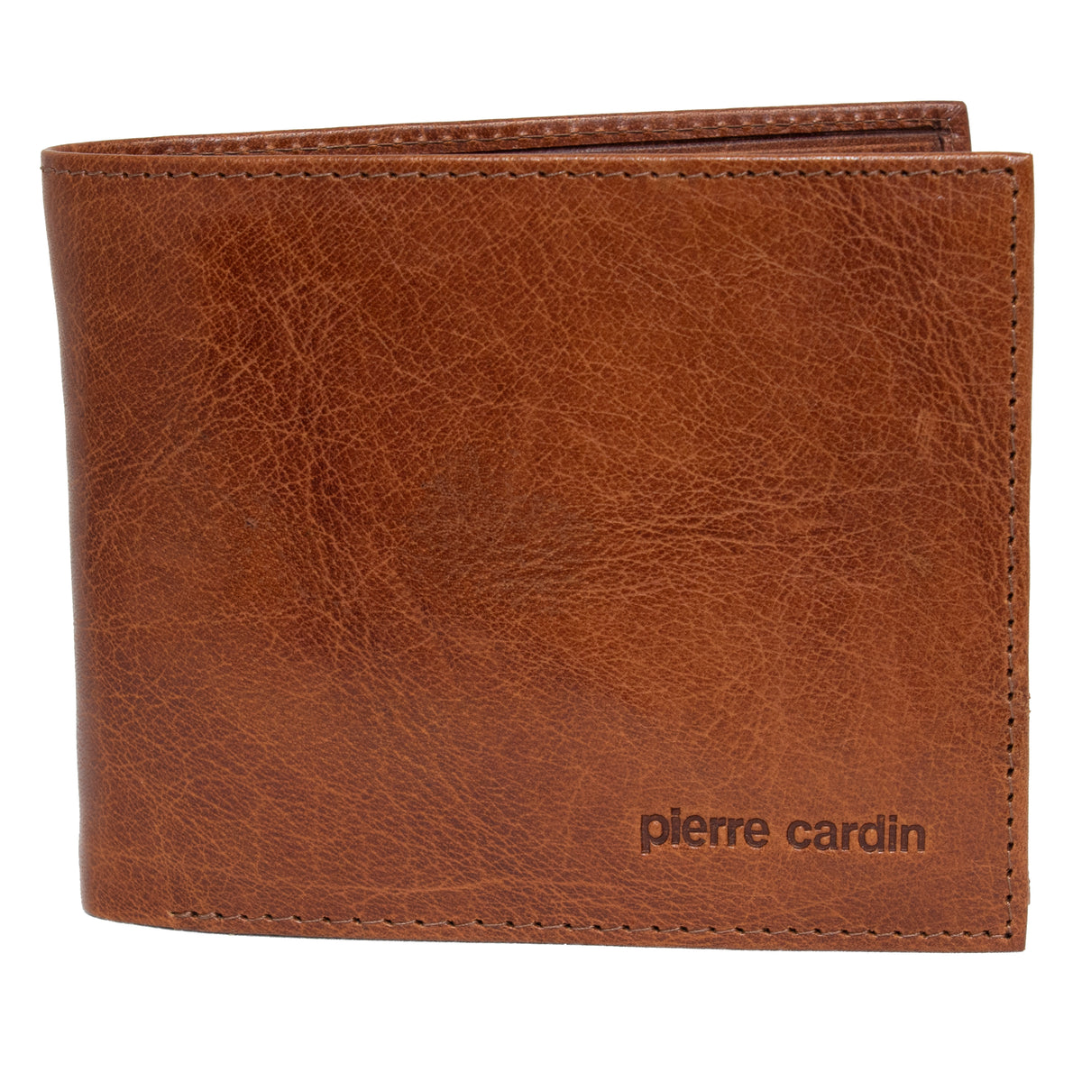 A Pierre Cardin Wallet, crafted from genuine Italian leather, features a smooth finish with visible stitching along the edges and a slightly textured surface. The name "Pierre Cardin" is embossed in the bottom right corner on brown leather. Equipped with RFID protection, it is shown closed and standing upright.