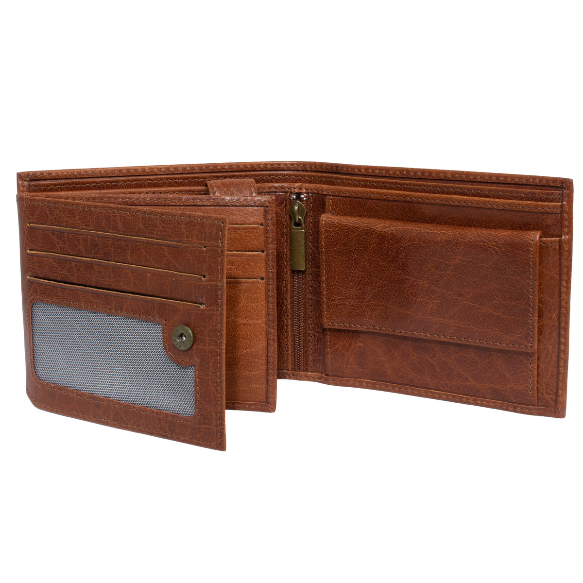 The Pierre Cardin Wallet is open, showcasing several card slots, a transparent ID window, a zippered coin pouch, and a separate compartment for bills. Made from brown Genuine Italian Leather, it features RFID protection and has a textured surface with brass-colored buttons and zippers.