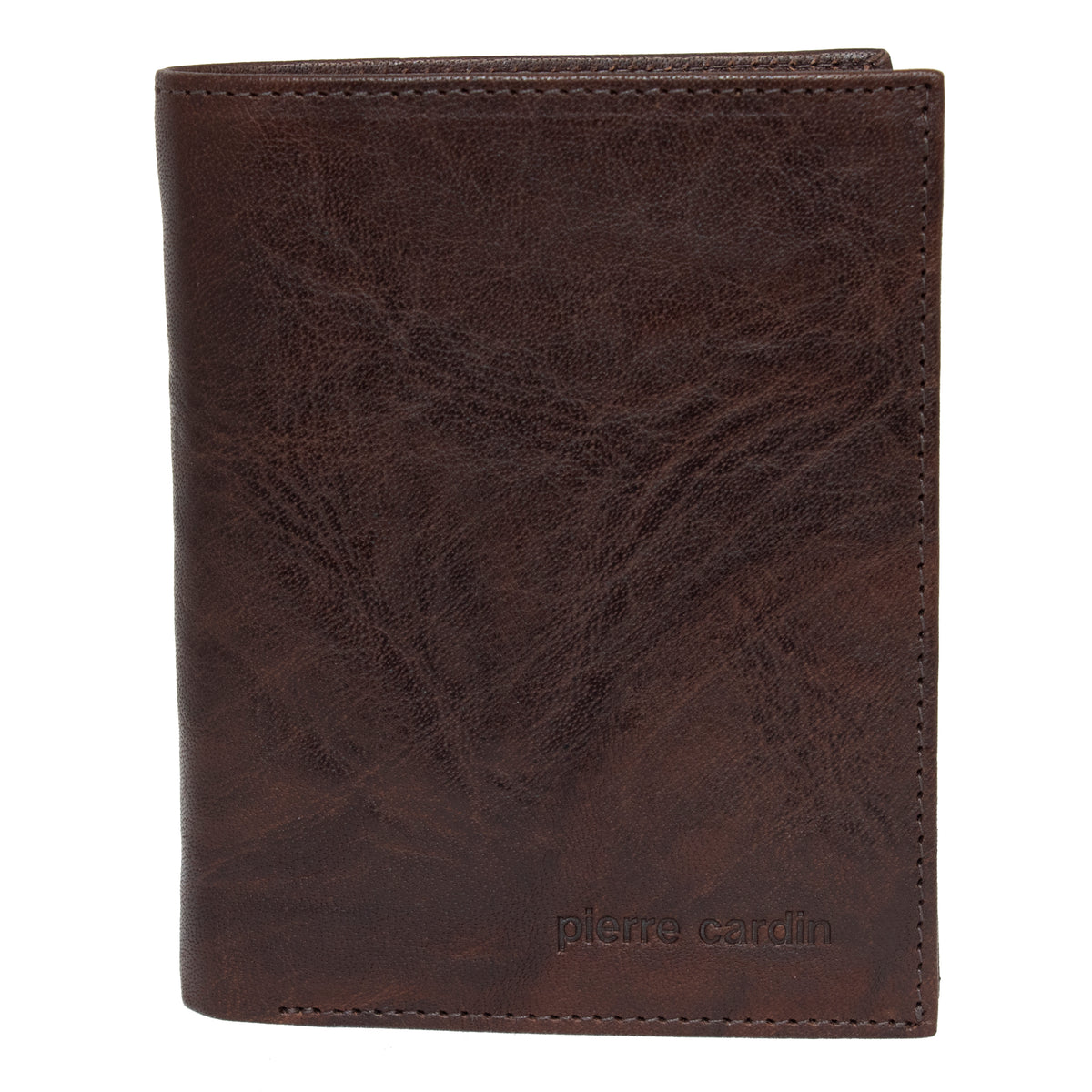 A dark brown Pierre Cardin Wallet made from genuine Italian leather, featuring visible texture and stitching along the edges. The brand name "Pierre Cardin" is embossed in the bottom right corner on the front. Equipped with RFID protection, the wallet is closed, standing upright, and appears to be in new condition.