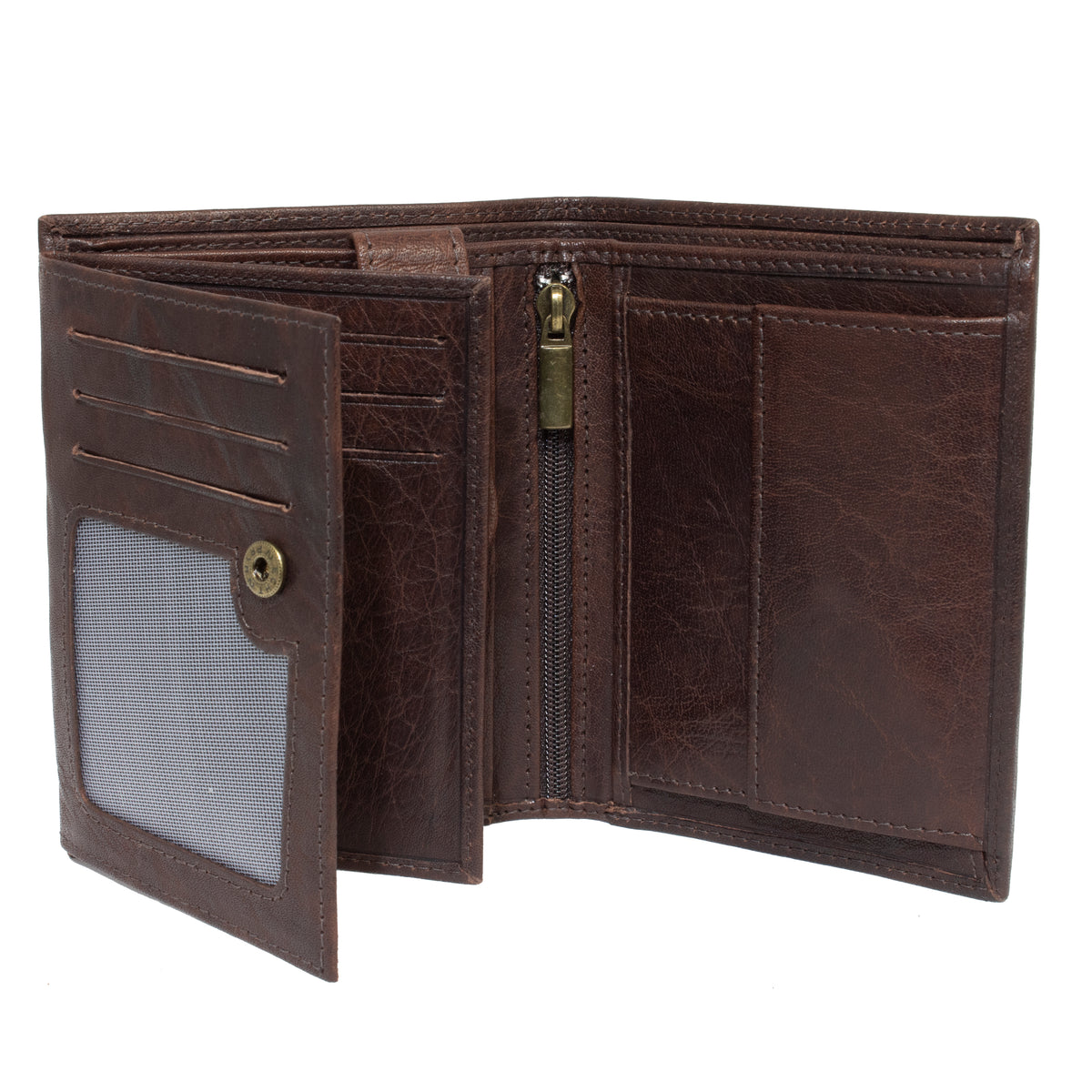 A Pierre Cardin Wallet, crafted from genuine Italian leather in a rich brown color, is showcased open to reveal its multiple card slots, a see-through ID window, a zippered coin pocket, and extra compartments for cash and receipts. This trifold design also includes RFID protection for enhanced security.