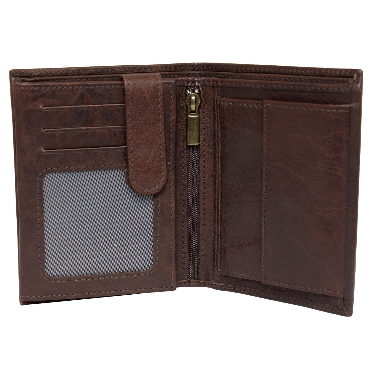 A brown Pierre Cardin Wallet opens to reveal multiple compartments crafted from genuine Italian leather. On the left side, there is a clear ID slot, three card slots, and a strap, while the right side includes a zippered pocket and a larger compartment for cash. The leather has a slightly worn texture and provides RFID protection.