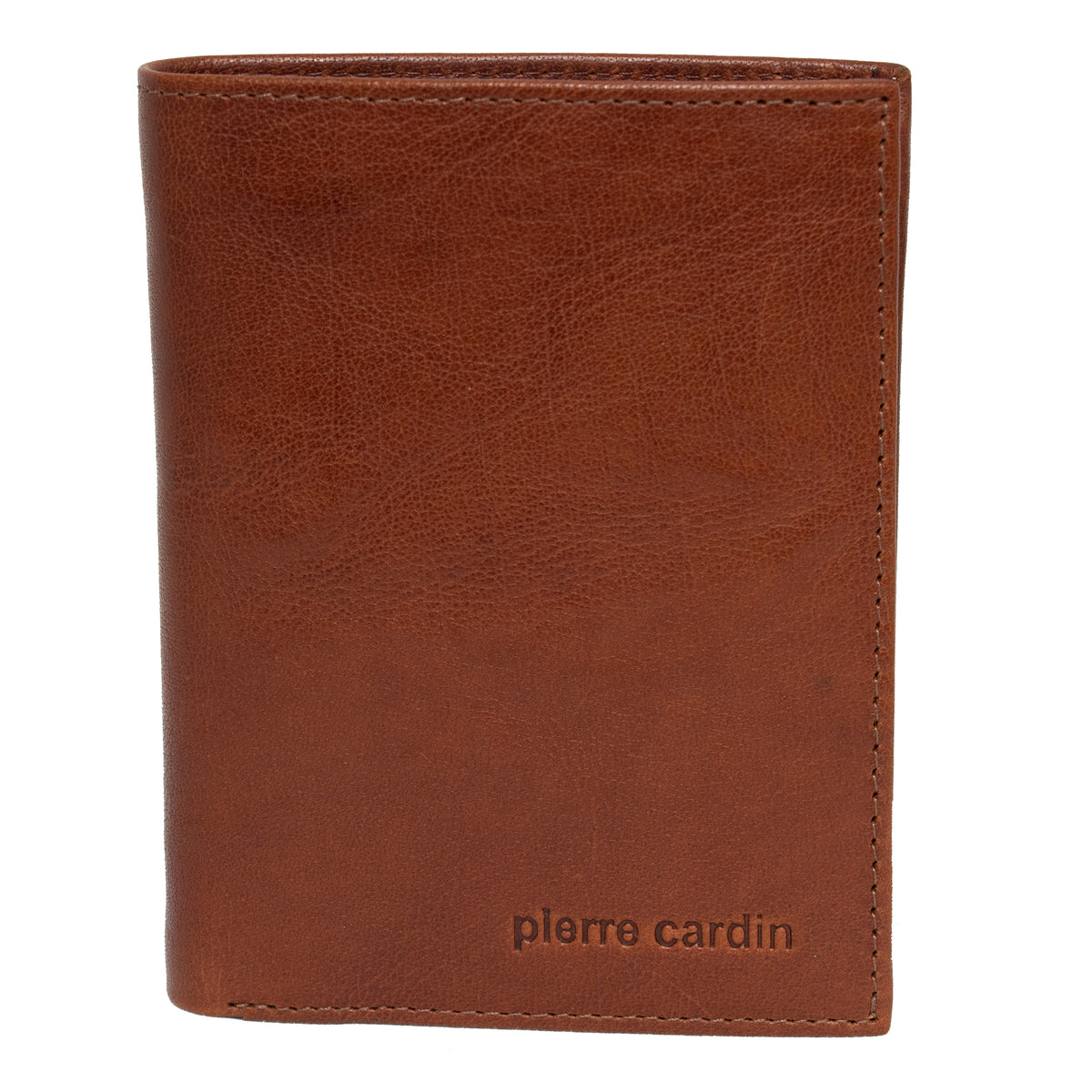 A genuine Italian leather Pierre Cardin Wallet with a textured finish, featuring the name "pierre cardin" embossed on the lower right corner. Equipped with RFID protection, the wallet is closed and stands upright against a white background.