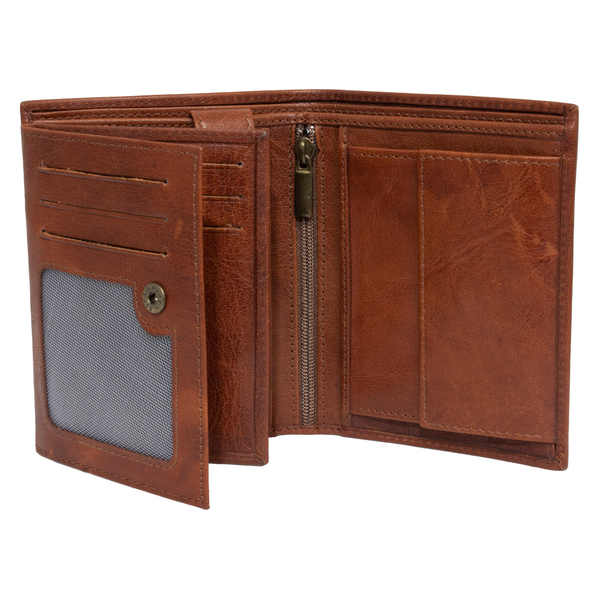 A tri-folded Pierre Cardin Wallet in brown genuine Italian leather is displayed open, revealing its multiple card slots, a zippered pocket, and a mesh pocket. The wallet features a rustic texture and detailed stitching along the edges, while providing RFID protection.