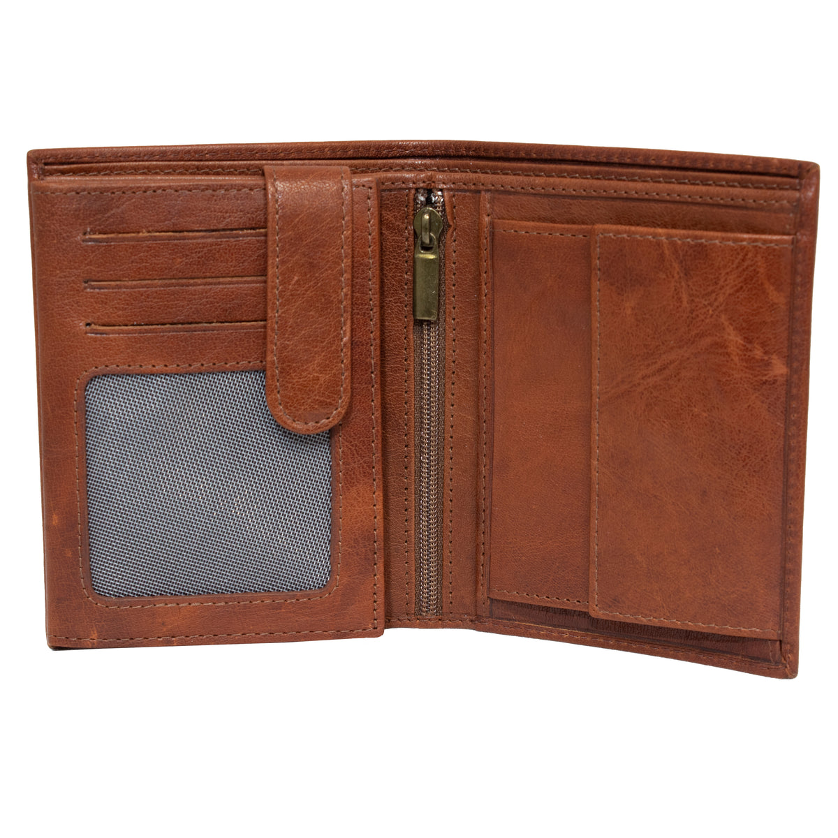 A Pierre Cardin Wallet in brown, crafted from genuine Italian leather, is open to reveal multiple card slots, a mesh ID window, a zipper pocket, and a flap pocket. The interior is neatly organized with compartments and detailed stitching. This stylish accessory also includes RFID protection for added security.