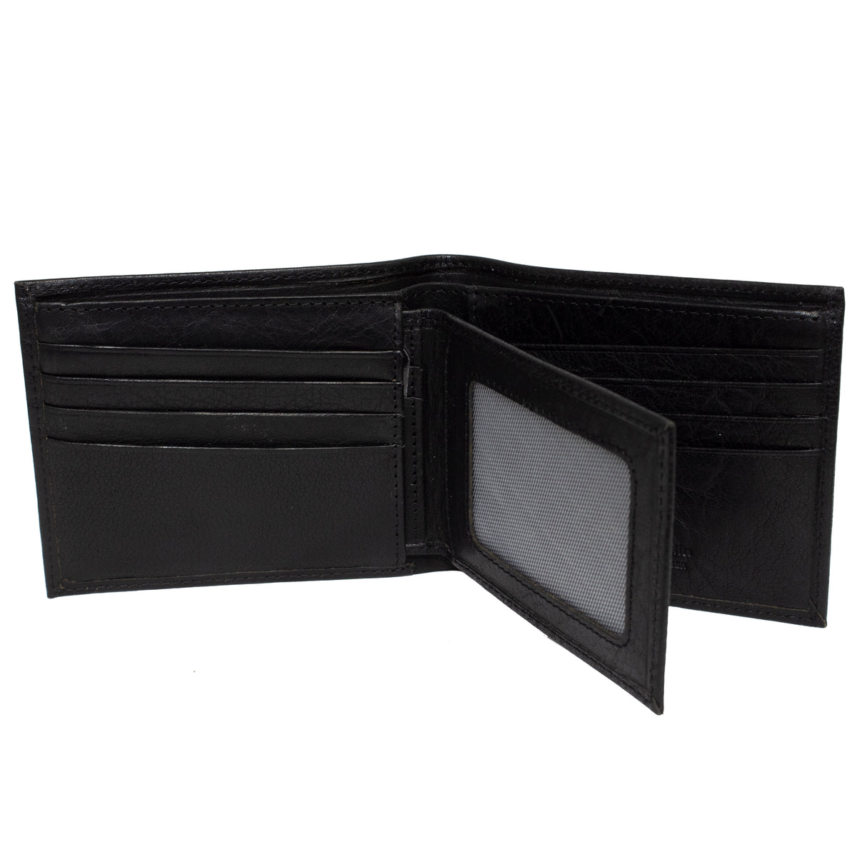 The Pierre Cardin Wallet, in a black bi-fold design, is opened to reveal multiple card slots on the left side and a clear ID window on the right. Made from genuine Italian leather, it boasts a sleek, minimalist design and includes built-in RFID protection for enhanced security.