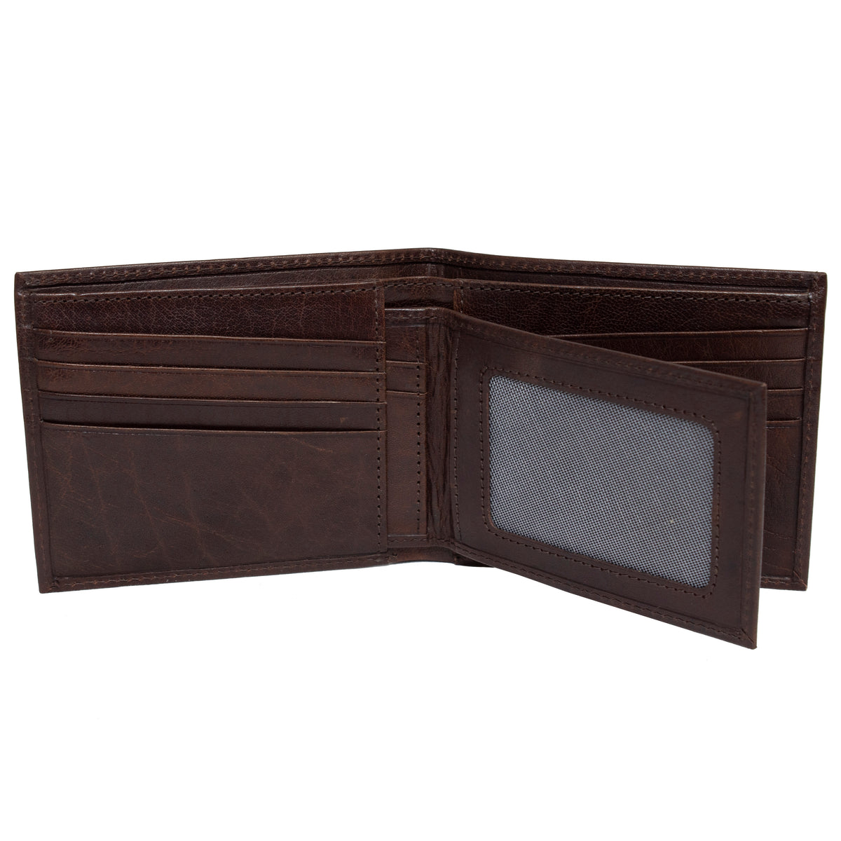 The Pierre Cardin Wallet, crafted from Genuine Italian Leather, is open to showcase multiple card slots on both sides and a transparent ID window on the right. This textured, brown leather wallet also includes RFID protection and appears to be empty.