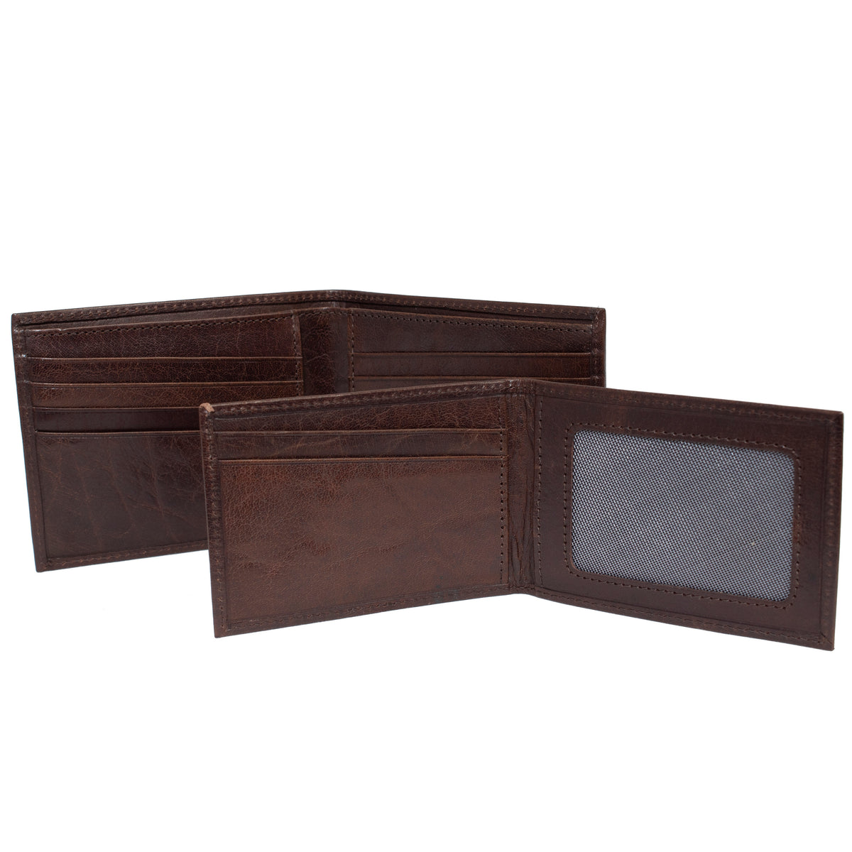 The Pierre Cardin Wallet, crafted from genuine Italian leather in a rich brown hue, is displayed open to reveal its interior design. Showcasing multiple card slots and an ID window, the bifold wallet features a textured finish and includes RFID protection. Both sides of the open compartments are visible in the presentation.