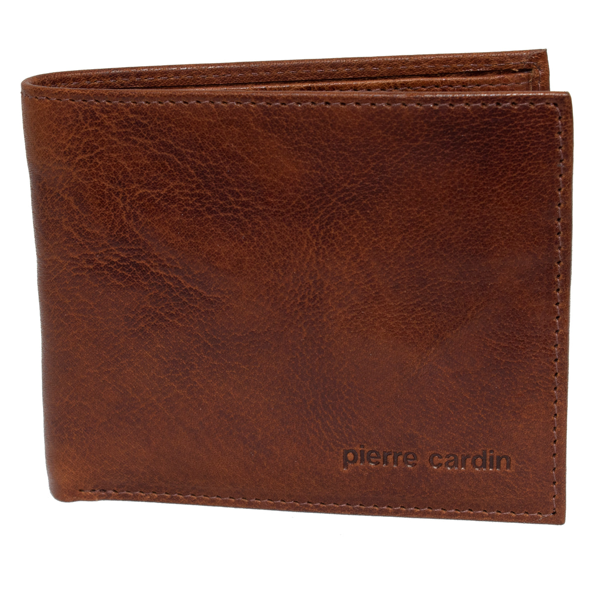 A Pierre Cardin Wallet, made from Genuine Italian Leather in brown, featuring "Pierre Cardin" embossed on the bottom right corner. The wallet showcases visible edge stitching when closed and includes RFID protection for enhanced security.