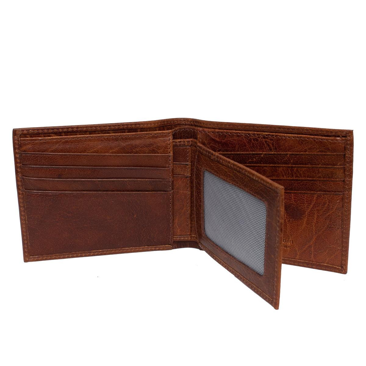A Pierre Cardin Wallet made of genuine Italian leather is open, revealing a slightly worn, rustic appearance. On the left side are multiple card slots, while the right side features a clear ID slot with additional card slots behind it. The wallet also includes RFID protection for added security.