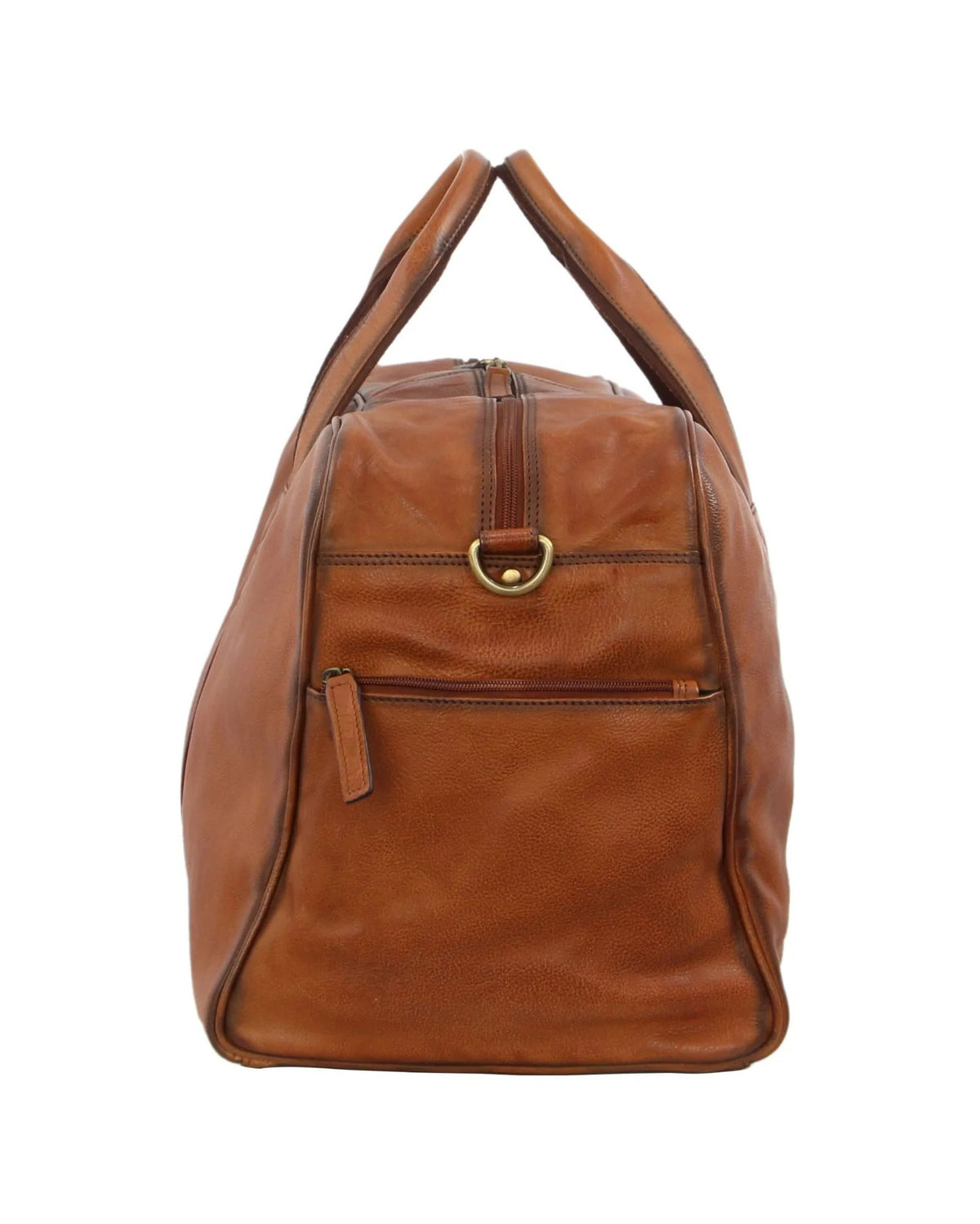 The Pierre Cardin Leather Travel Bag in brown showcases a side zipper pocket and metal ring detail, captured from a side angle. Its smooth texture and double handles offer style and practicality for travels.