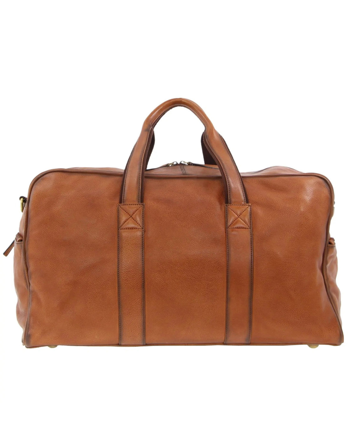 The Pierre Cardin Leather Travel Bag is made from brown leather with dual handles, stitched detailing, a rectangular shape, and an upright design. It features a smooth texture and boasts multiple pockets for organized storage.