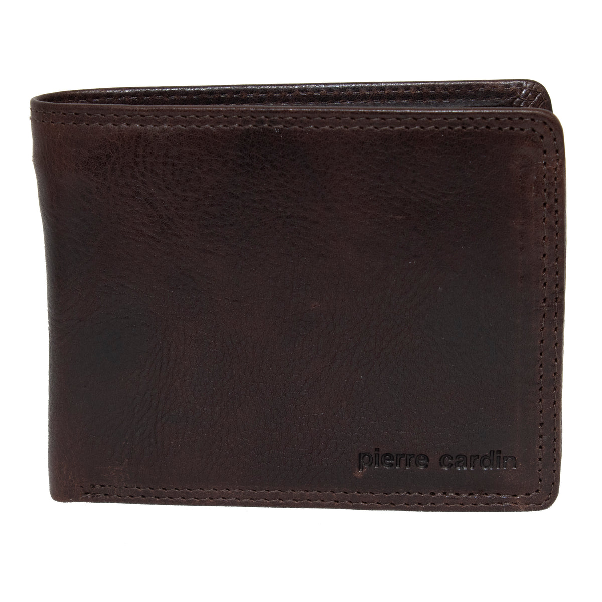 The Pierre Cardin Wallet is crafted from dark brown genuine Italian leather and features subtle stitching along the edges. An embossed "pierre cardin" logo adorns the bottom right corner. It also boasts RFID protection, and the closed wallet is photographed against a white background.