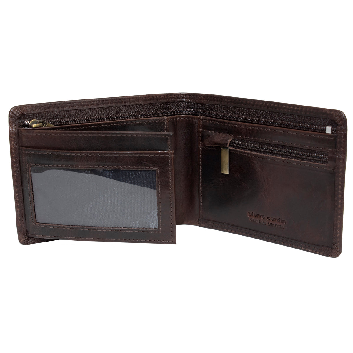 The brown Pierre Cardin Wallet is open, revealing multiple compartments. On the left side, there is a transparent ID slot, while the right side features two zippered pockets and several card slots. Made from genuine Italian leather, its interior is lined with dark brown fabric and provides RFID protection for enhanced security.