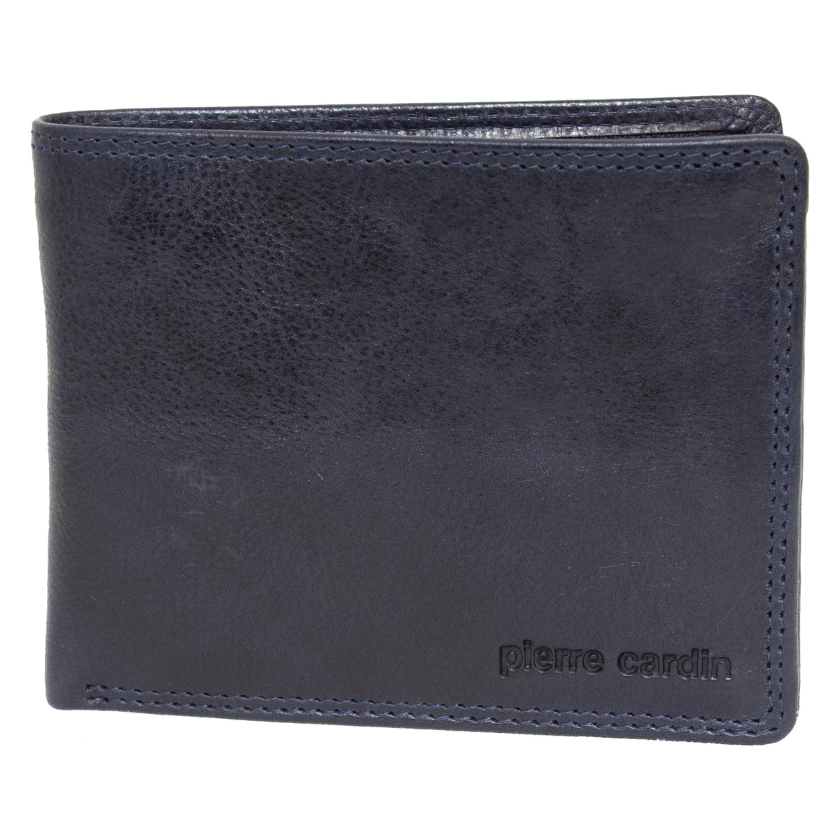 The Pierre Cardin Wallet is a sleek, dark leather accessory with a subtle texture, crafted from genuine Italian leather. The brand name "pierre cardin" is embossed in lowercase letters on the bottom right corner. This wallet features RFID protection and boasts a minimalist design, appearing closed when not in use.