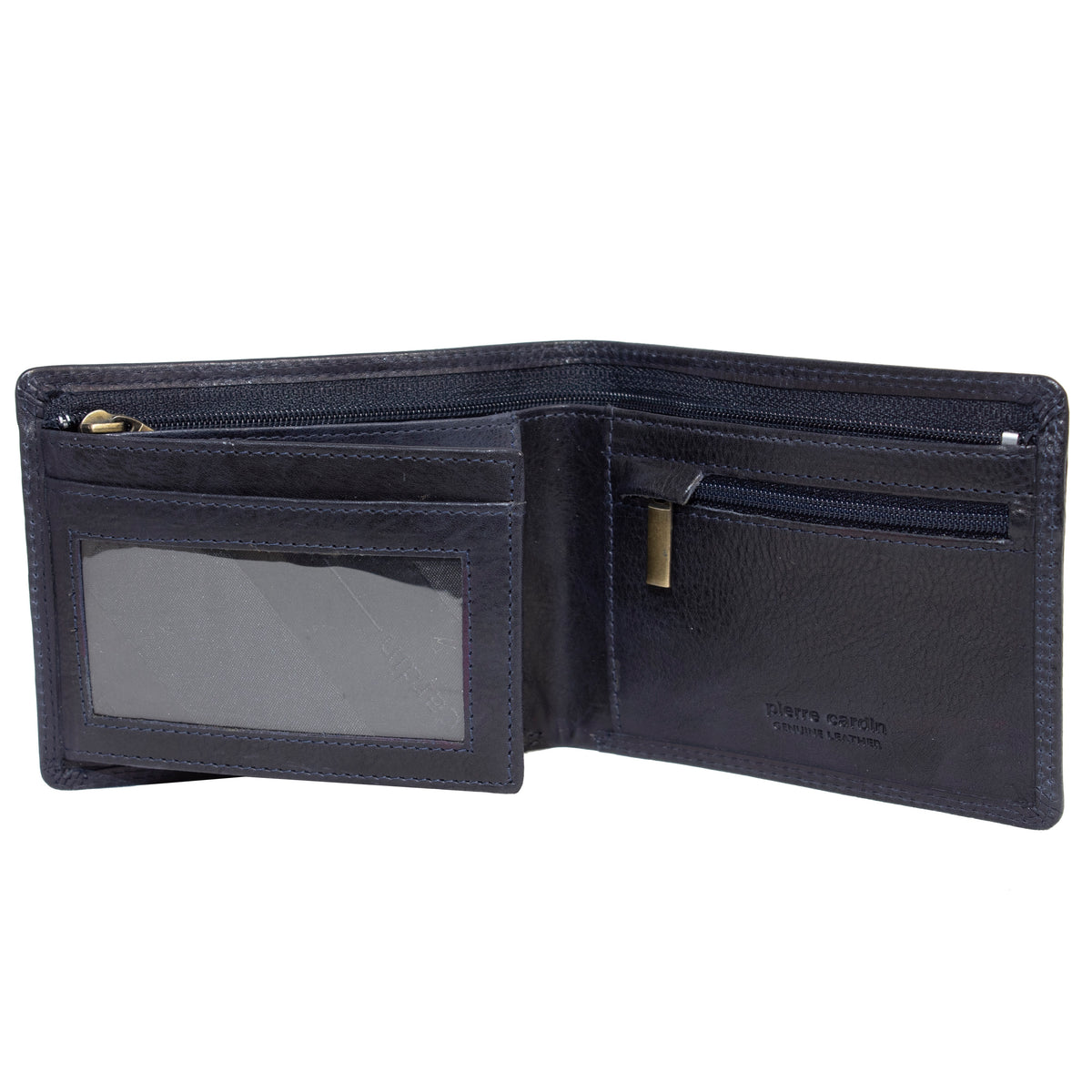 The Pierre Cardin Wallet, in sleek black, is open to reveal its multiple compartments. Crafted from genuine Italian leather, it includes a clear ID slot on the left and a zippered pocket on the right, along with several card slots. The wallet appears well-crafted and spacious with RFID protection, making it ideal for organizing various items.