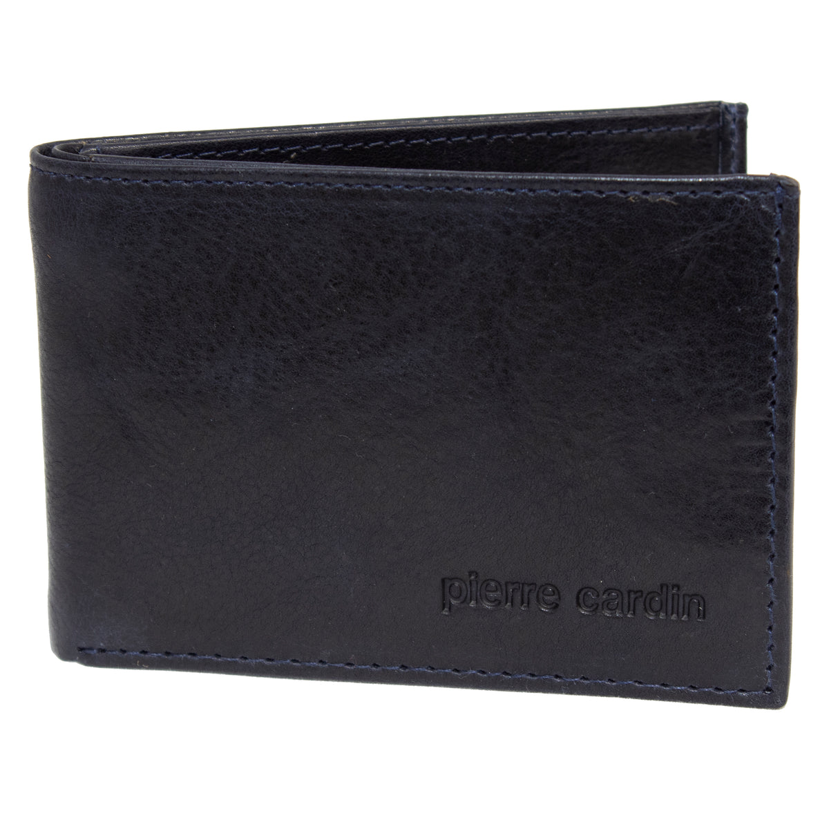 Introducing the Pierre Cardin Wallet: a dark leather bifold crafted from Genuine Italian Leather, featuring the name "Pierre Cardin" embossed on the front lower right corner. This wallet boasts a smooth, slightly textured finish with visible stitching along the edges and includes RFID protection to keep your cards secure.