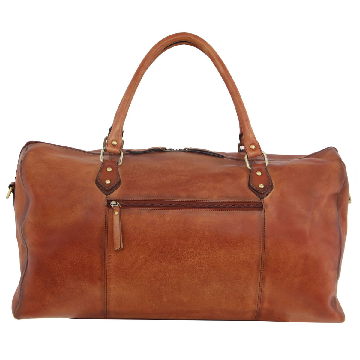 A large brown Pierre Cardin Leather Overnight Bag features dual handles, a detachable shoulder strap, front zippered pocket, gold-tone hardware, and a smooth finish against a plain white background.
