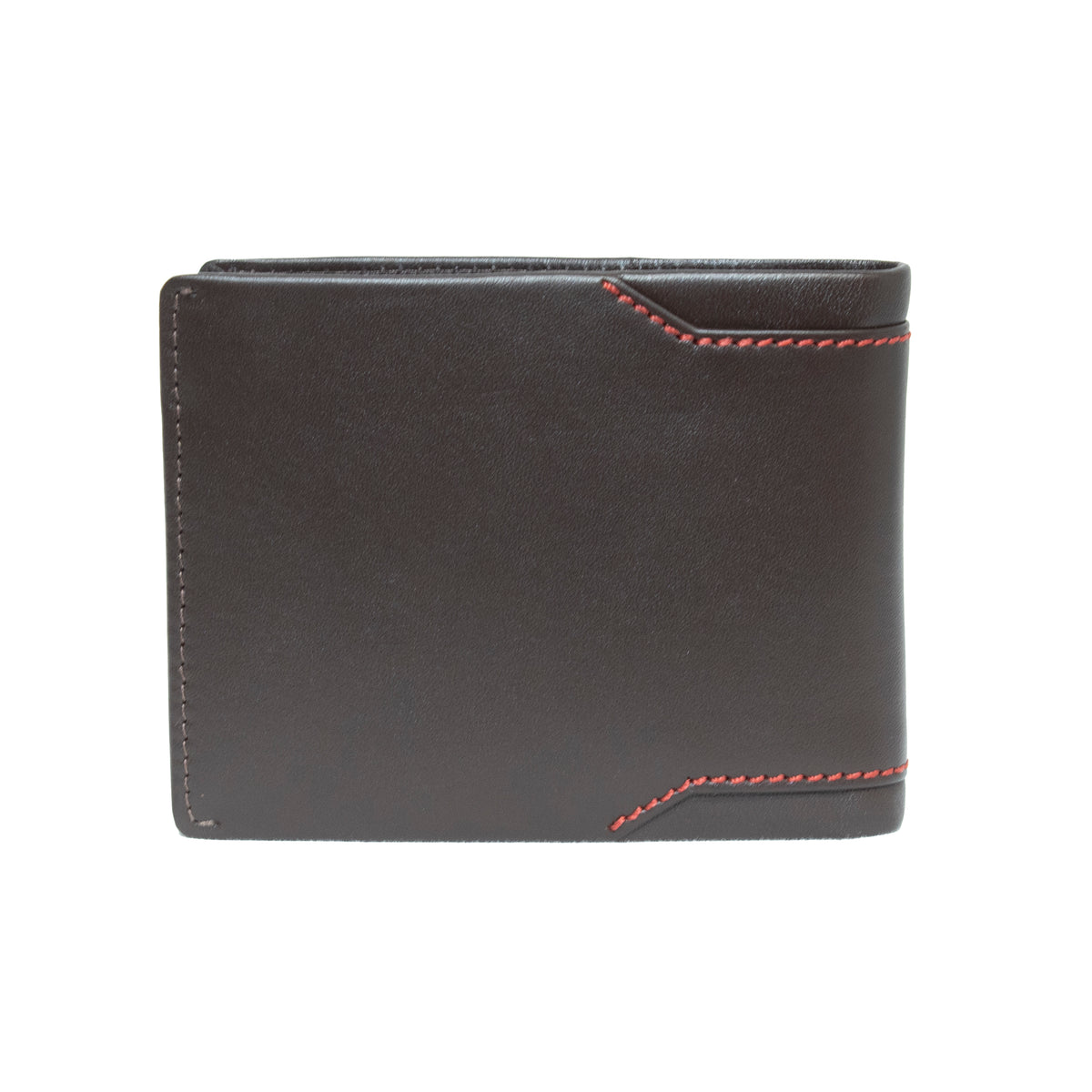 The Pierre Cardin Wallet is a closed, dark brown accessory made from genuine leather with a smooth finish. It features red corner stitching for contrast and offers RFID protection for enhanced security.