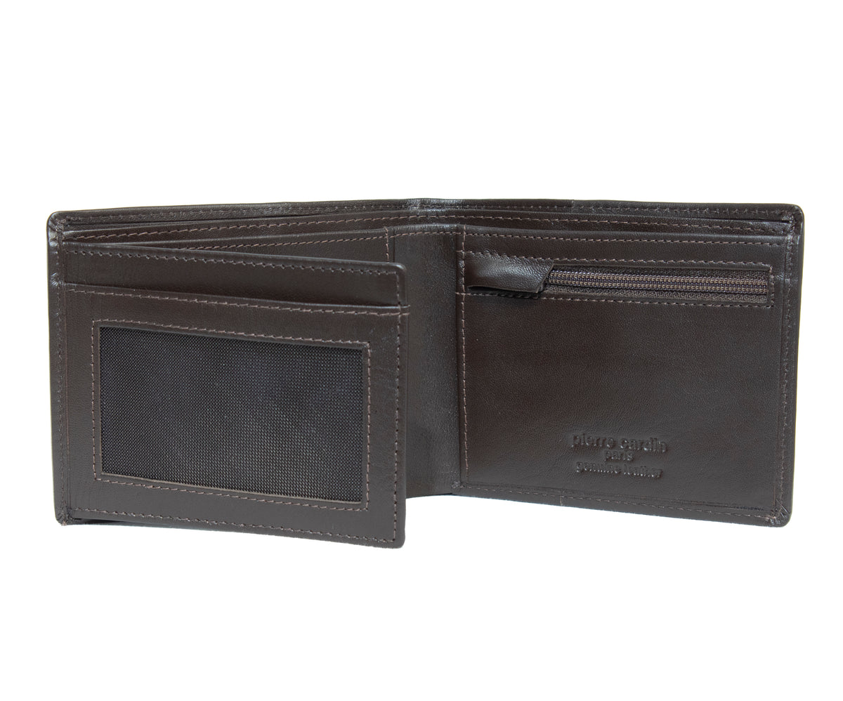 The Pierre Cardin Wallet is an open brown genuine leather wallet featuring card slots, a clear ID holder on the left, and a zippered coin pouch on the right, with RFID protection and the embossed brand name inside, elegantly displayed on a white background.