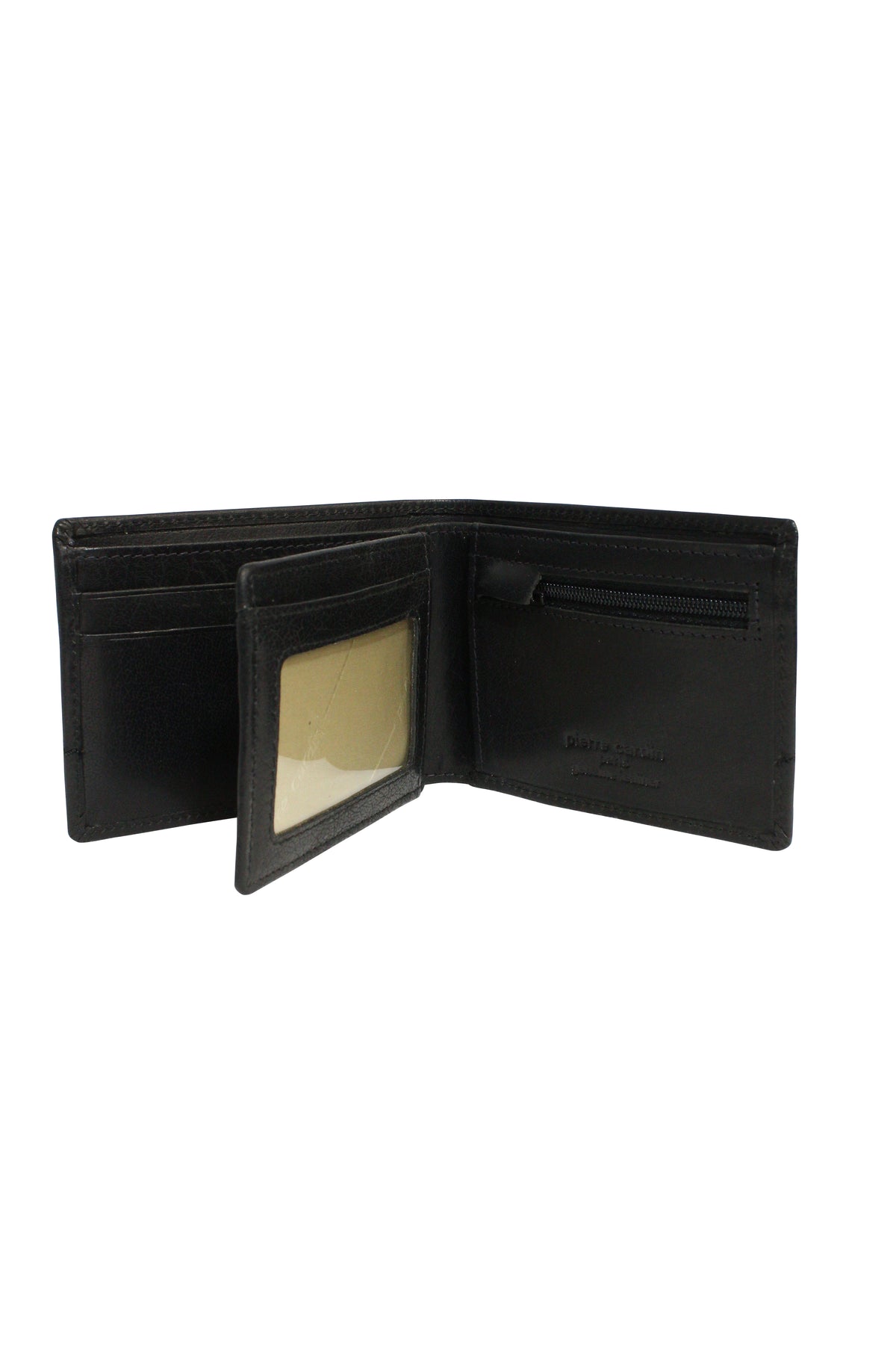 The Pierre Cardin Wallet, in black, is open to reveal its genuine Italian leather build. It has multiple card slots, a clear ID holder, a zipped compartment for coins or small items, and RFID protection. The wallet is showcased on a plain white background.