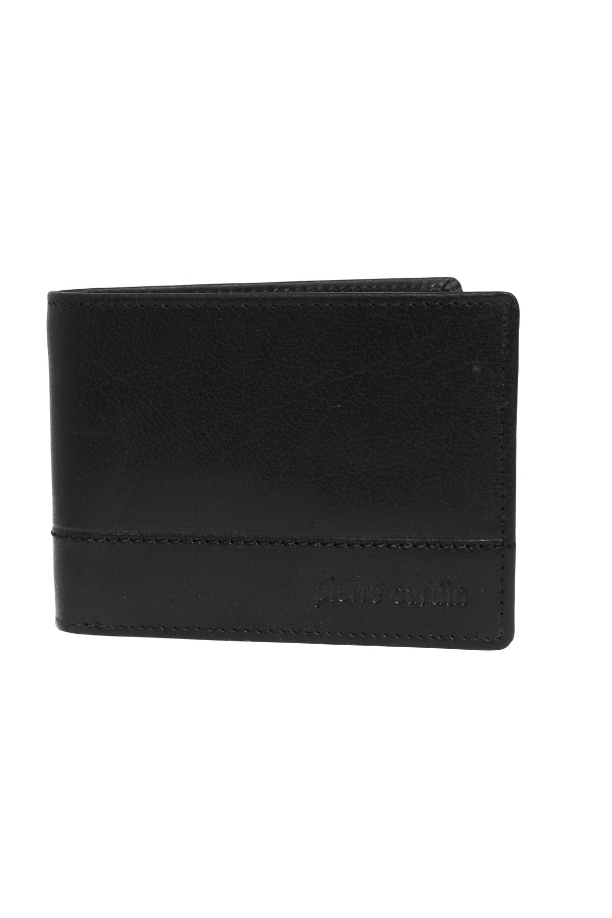 The Pierre Cardin Wallet, made from genuine Italian leather, features a minimalist design with subtle stitching and embossed text in the corner. It has a slightly open top that reveals its interior compartments and offers RFID protection for extra security.