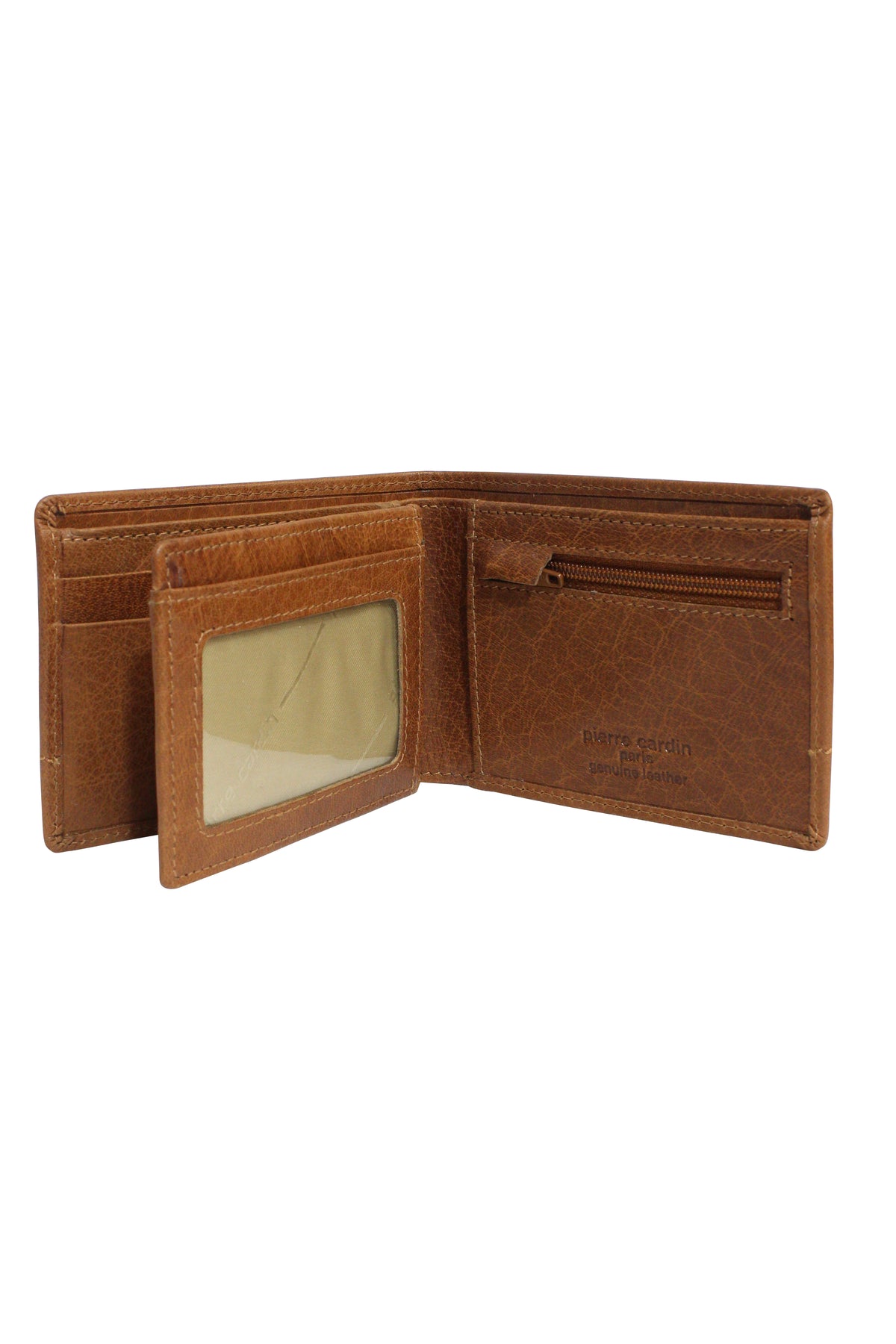 The Pierre Cardin Wallet, made from genuine Italian leather, includes multiple card slots, a transparent ID window, and a zippered coin pocket. It features RFID protection and is displayed upright against a plain white background to highlight its compartments.