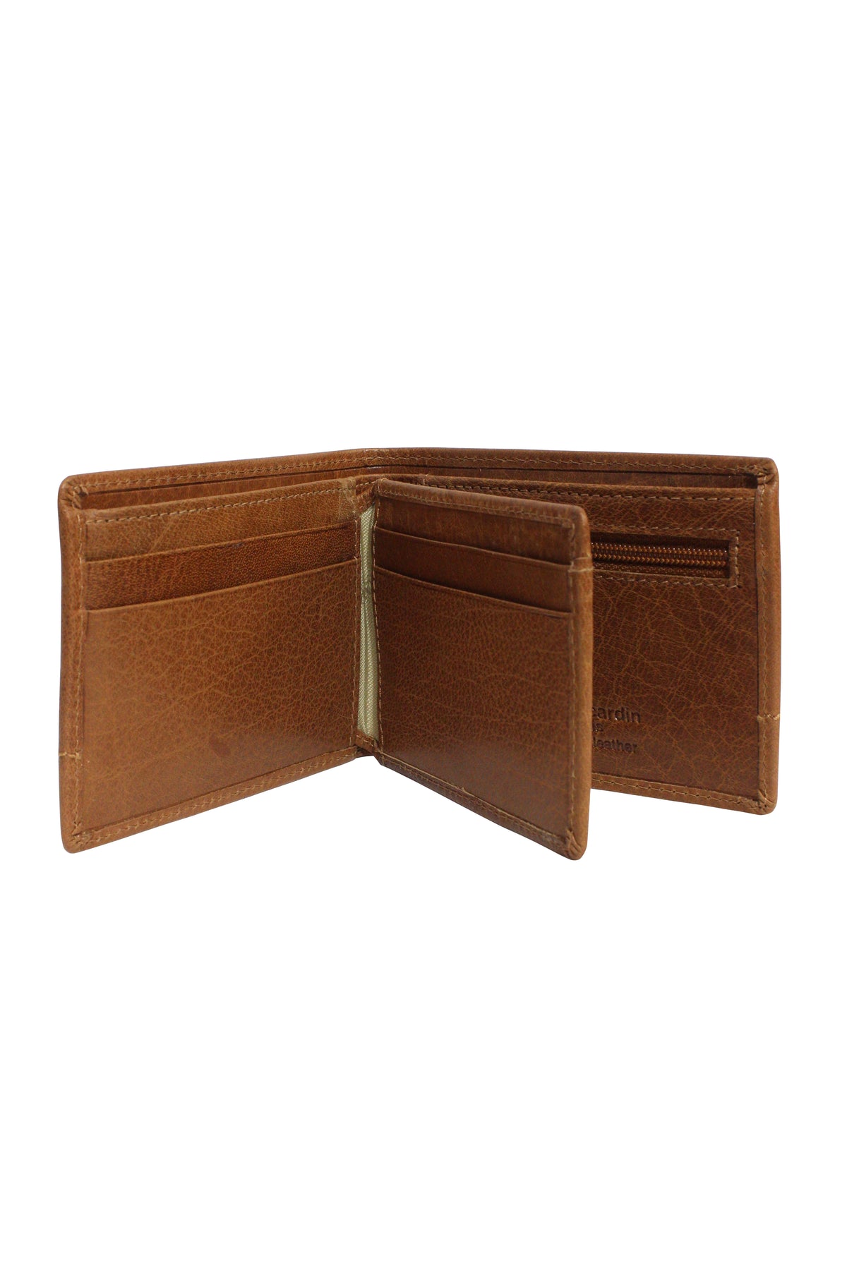 Pierre Cardin Wallet in brown Italian leather features multiple card slots on each side, a zippered compartment on the right, RFID protection, and showcases its fine texture.