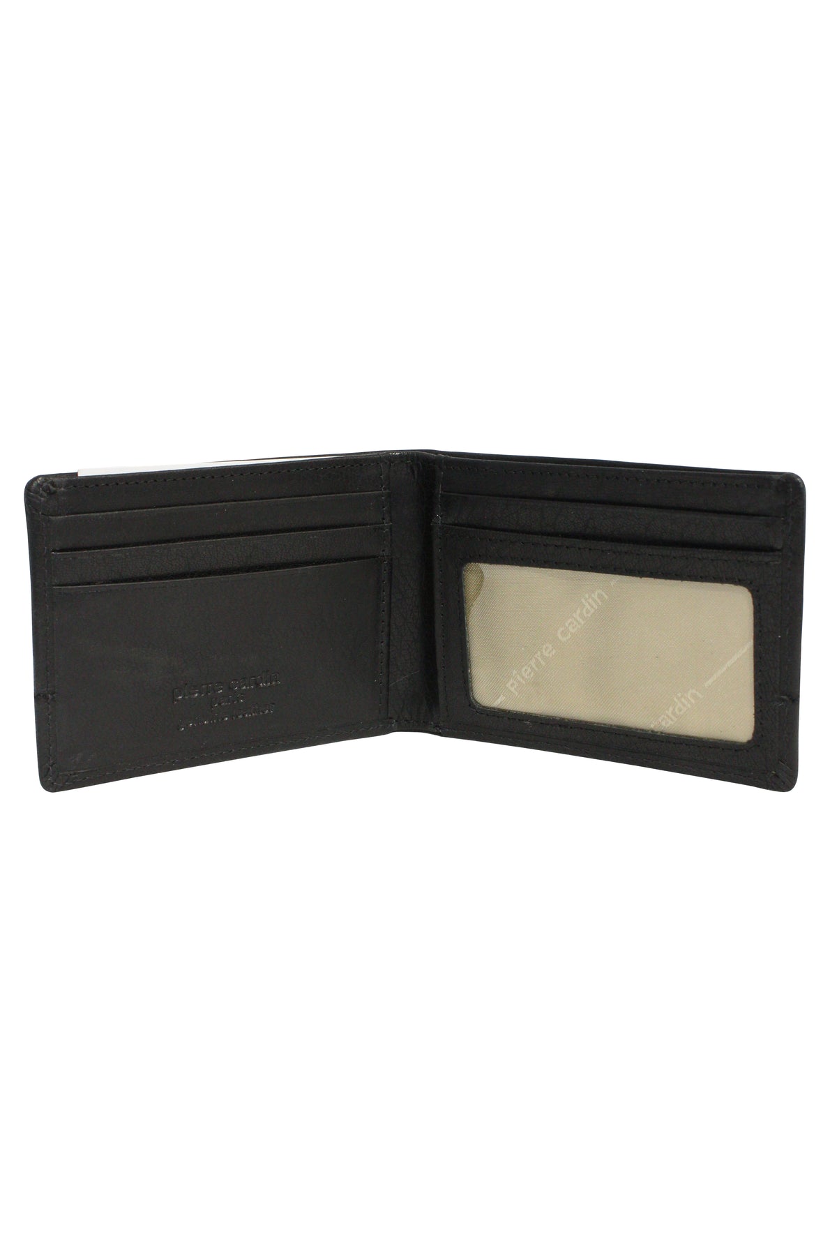 The Pierre Cardin Wallet in genuine Italian leather is shown open on a white background, with card slots on the left and a clear ID window on the right.