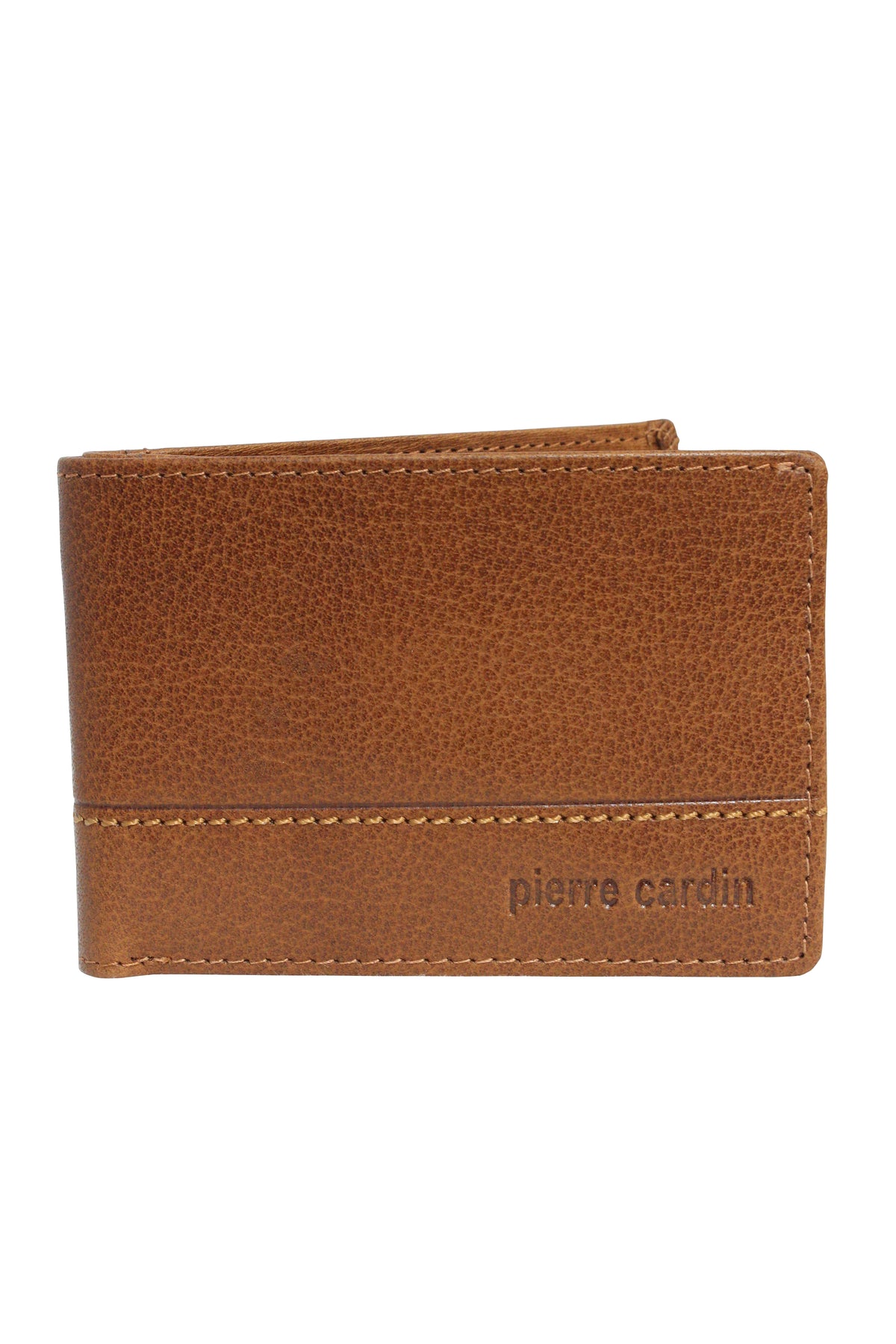 The Pierre Cardin Wallet is made from genuine Italian leather with a textured surface and stitched seam. "Pierre Cardin" is embossed on the lower right corner, adding elegance and RFID protection. Photographed closed against a pristine white background.
