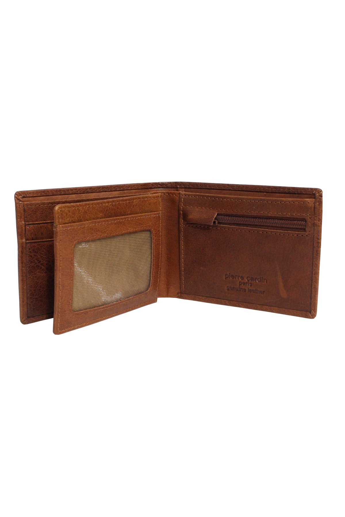 The Pierre Cardin Wallet, made from genuine Italian leather, features a left clear ID slot and a right zippered pocket. It has textured visible stitching, embossed branding, and RFID protection for security.