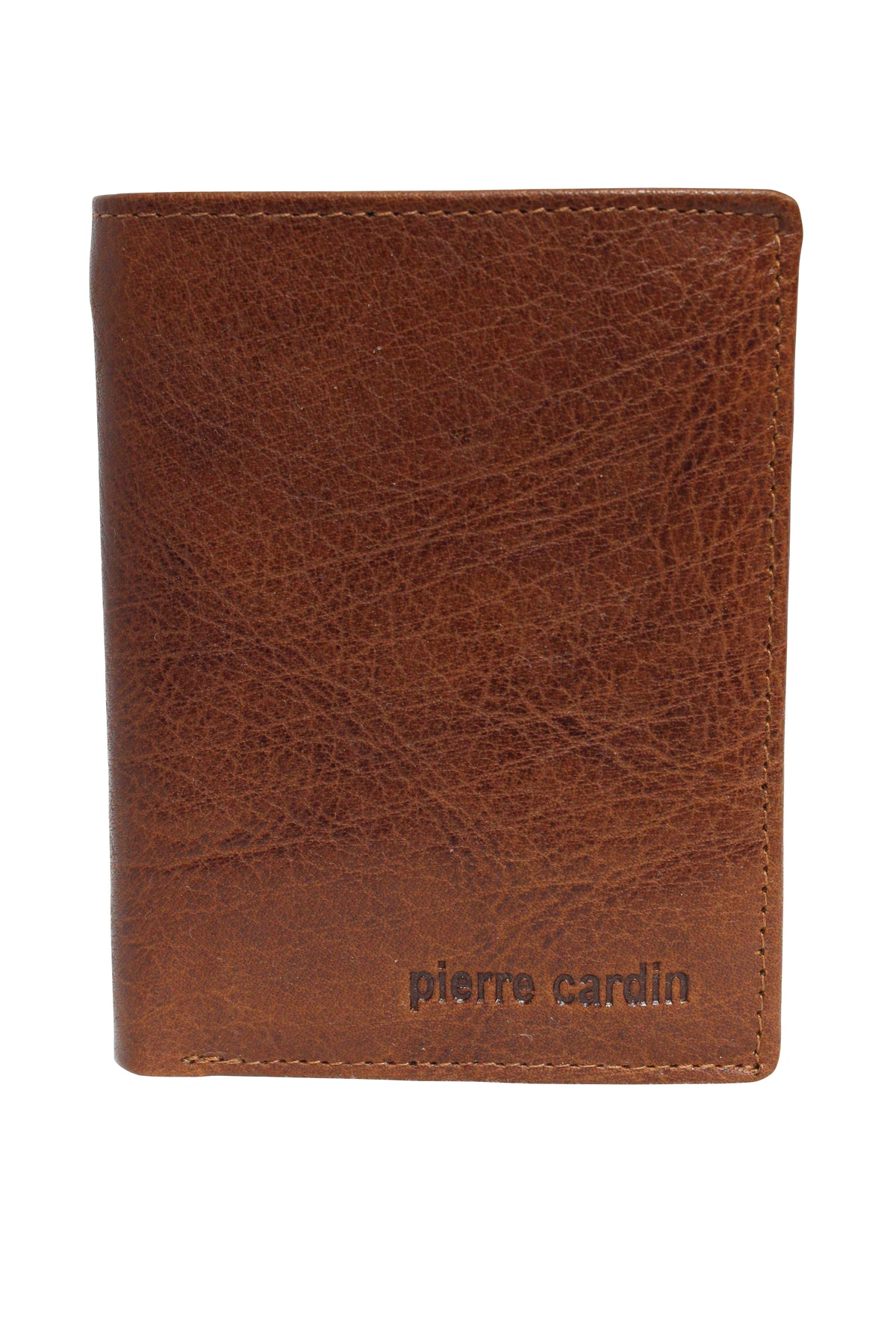 Textured brown leather Pierre Cardin wallet with stitched edges, embossed with the brand name in the lower right corner. Made from genuine Italian leather, this vertical wallet offers RFID protection for peace of mind.