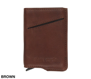 The Pierre Cardin Wallet, crafted from genuine Italian leather, features a diagonal slot on the front with "pierre cardin" embossed at the bottom. This brown leather wallet is not only stylish but also offers RFID protection. The word "BROWN" is capitalized at the bottom left corner of the image.