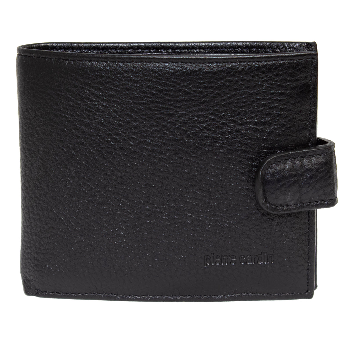 A closed Pierre Cardin Wallet made of black Italian leather with a textured finish and a snap button closure, featuring the embossed "pierre cardin" on the lower right corner and RFID protection.