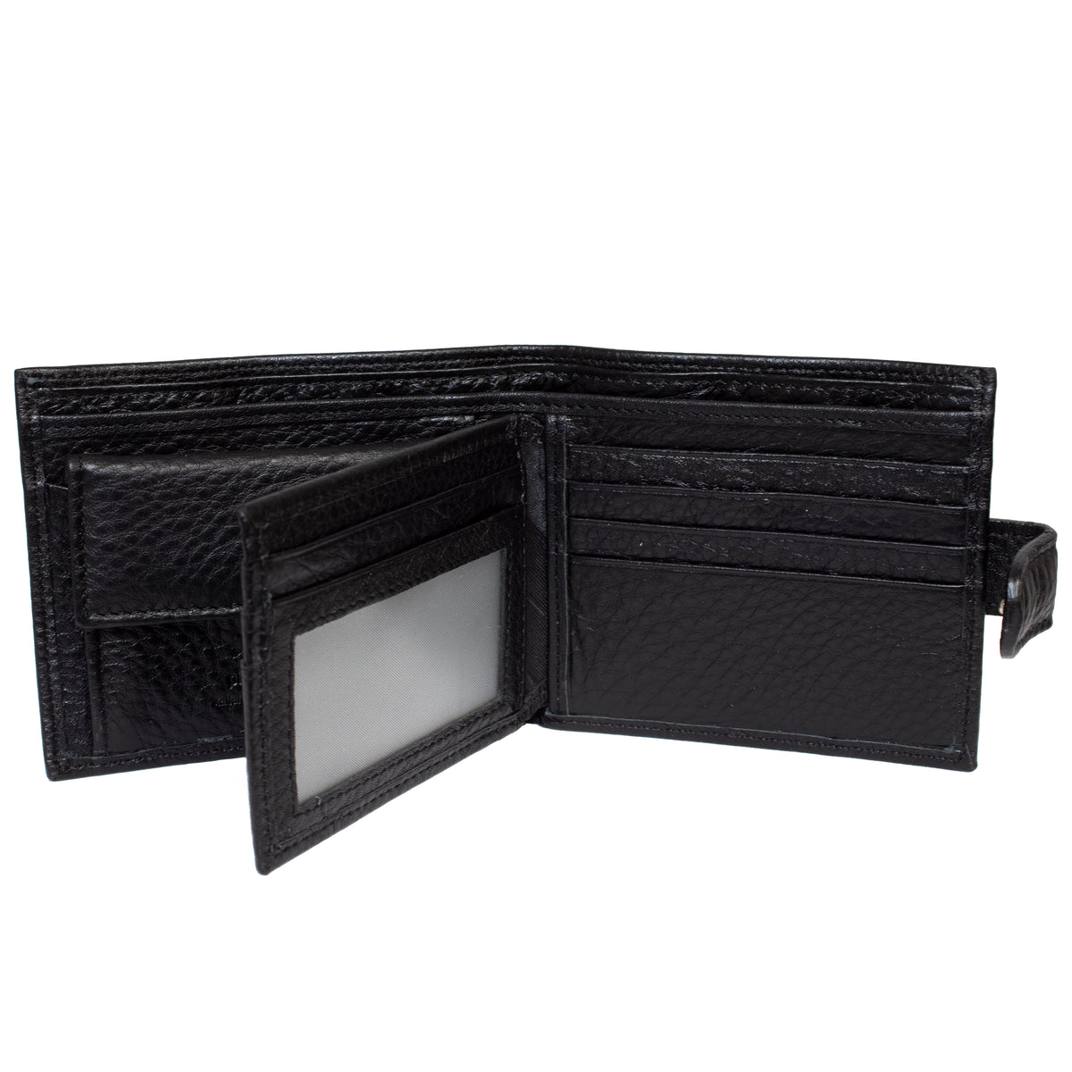 The open Pierre Cardin Wallet in black reveals its functional interior, featuring multiple card slots on the right and a transparent ID window on the left. Crafted from Italian leather, its texture is pronounced, and the sleek design includes RFID protection for enhanced security.