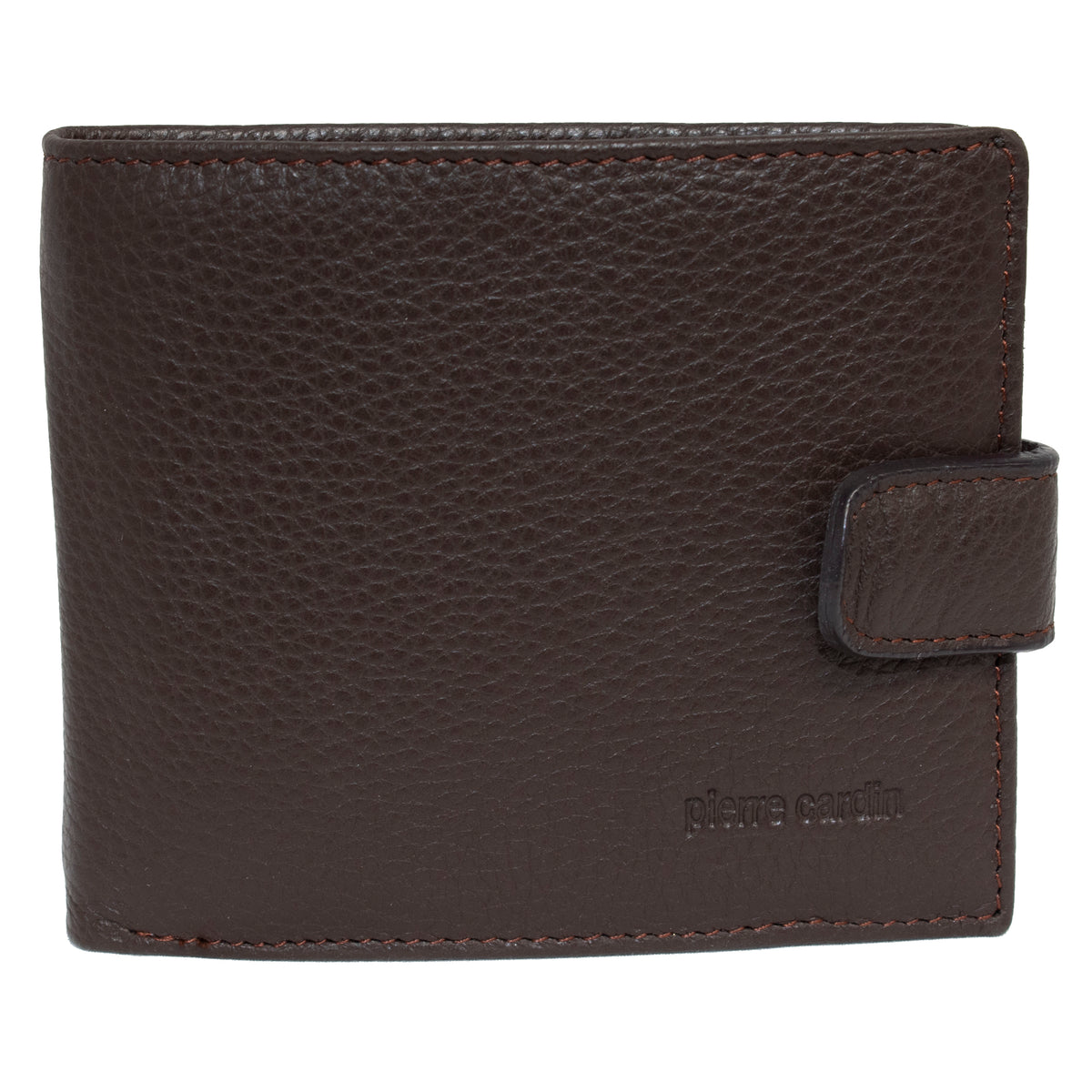 The Pierre Cardin Wallet is a stylish dark brown Italian leather accessory with a textured surface and a snap closure on the right side. The name "pierre cardin" is elegantly embossed on the lower right corner of the wallet's front side. Additionally, it features RFID protection for enhanced security.