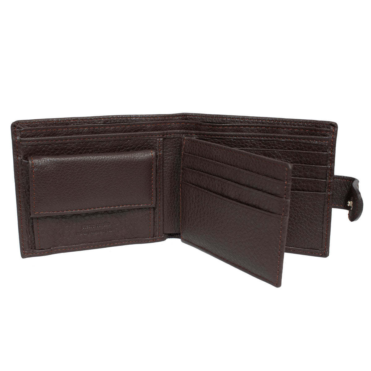 A brown Pierre Cardin Wallet, crafted from luxurious Italian leather, is open to reveal several card slots and a coin pouch. The wallet boasts a smooth yet slightly textured surface and showcases meticulous stitching details within its compartments. Additionally, it offers RFID protection for enhanced security.