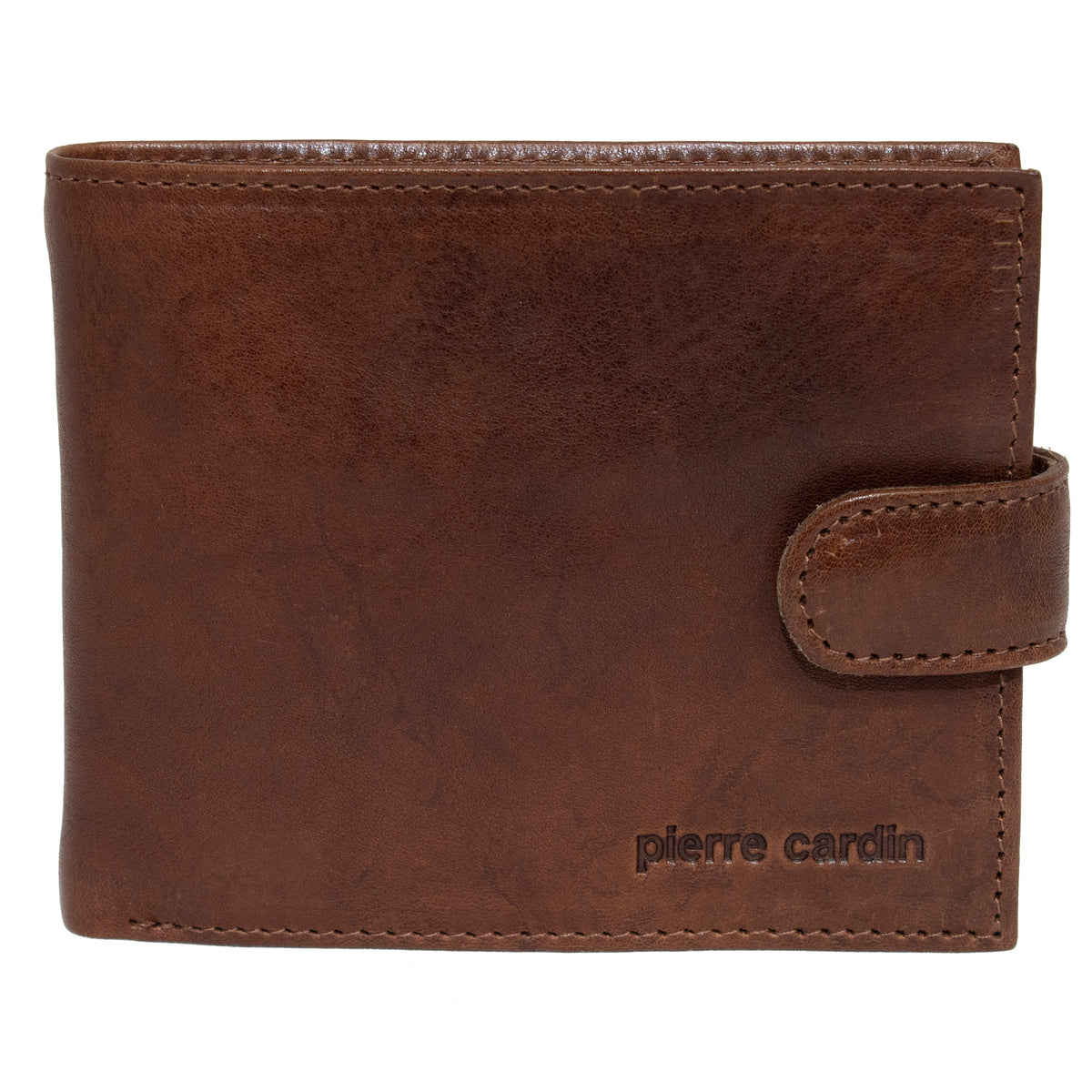 The Pierre Cardin Wallet is crafted from brown Italian leather and features a button flap closure and the engraved text "pierre cardin" in the bottom right corner. It has a smooth texture with slight shading variations that lend it a natural, worn appearance, along with built-in RFID protection for added security.